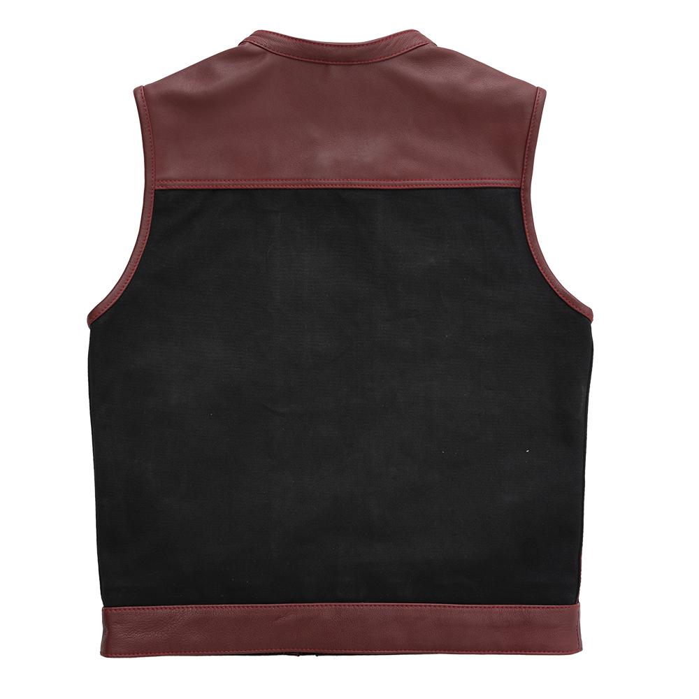 Men's Crusher vest featuring oxblood leather accents and red paisley design on a black background, with concealed carry pockets.