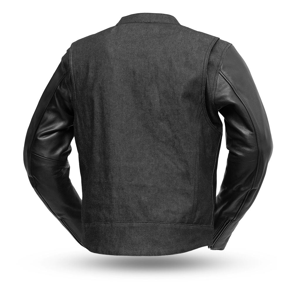 Cutlass Men's Motorcycle Denim/Leather Jacket featuring denim body and leather sleeves, designed for style and protection.