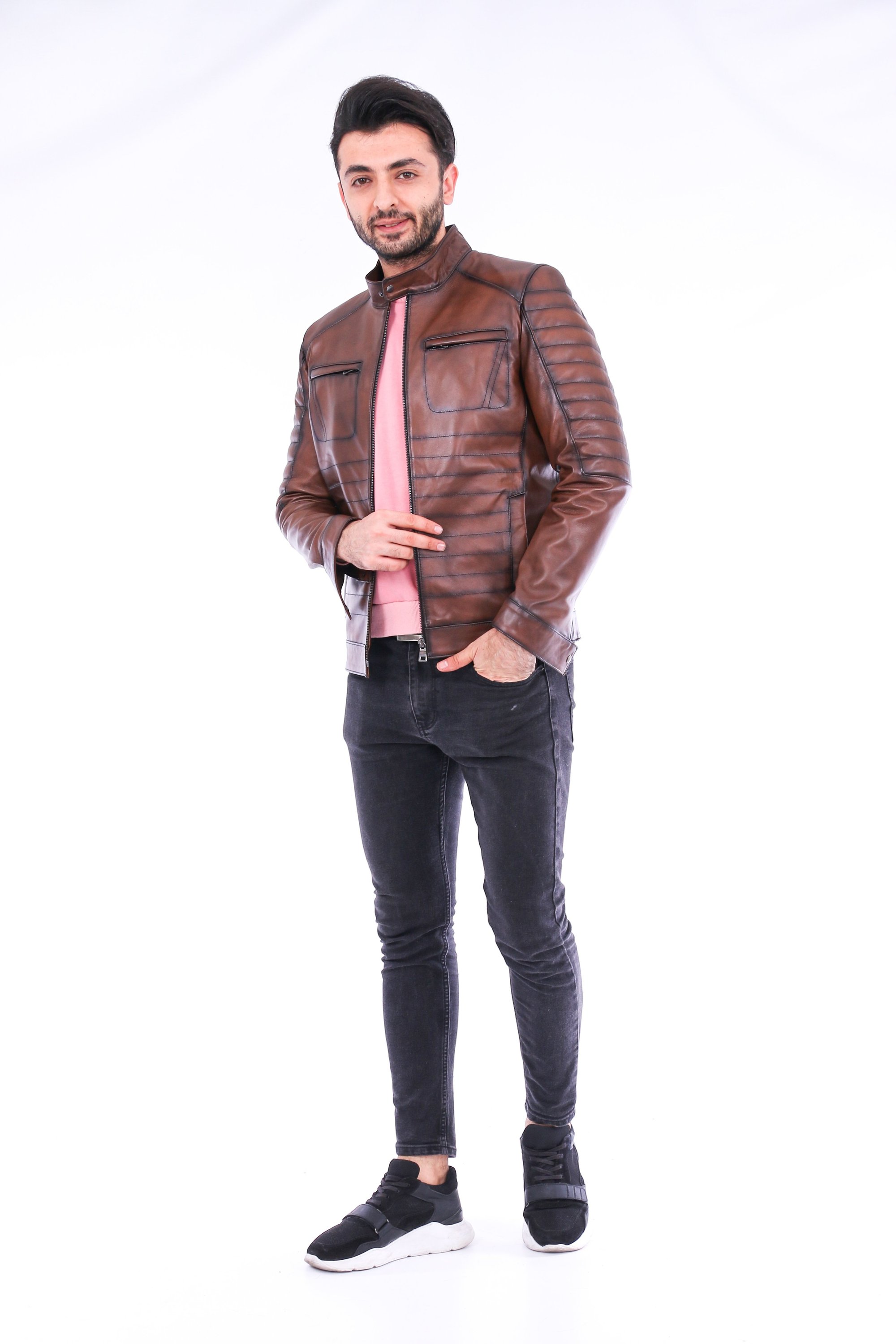 Daniel Biker Leather Jacket made from genuine lambskin, featuring a sleek design with a band collar and zipper closure in rich brown color.