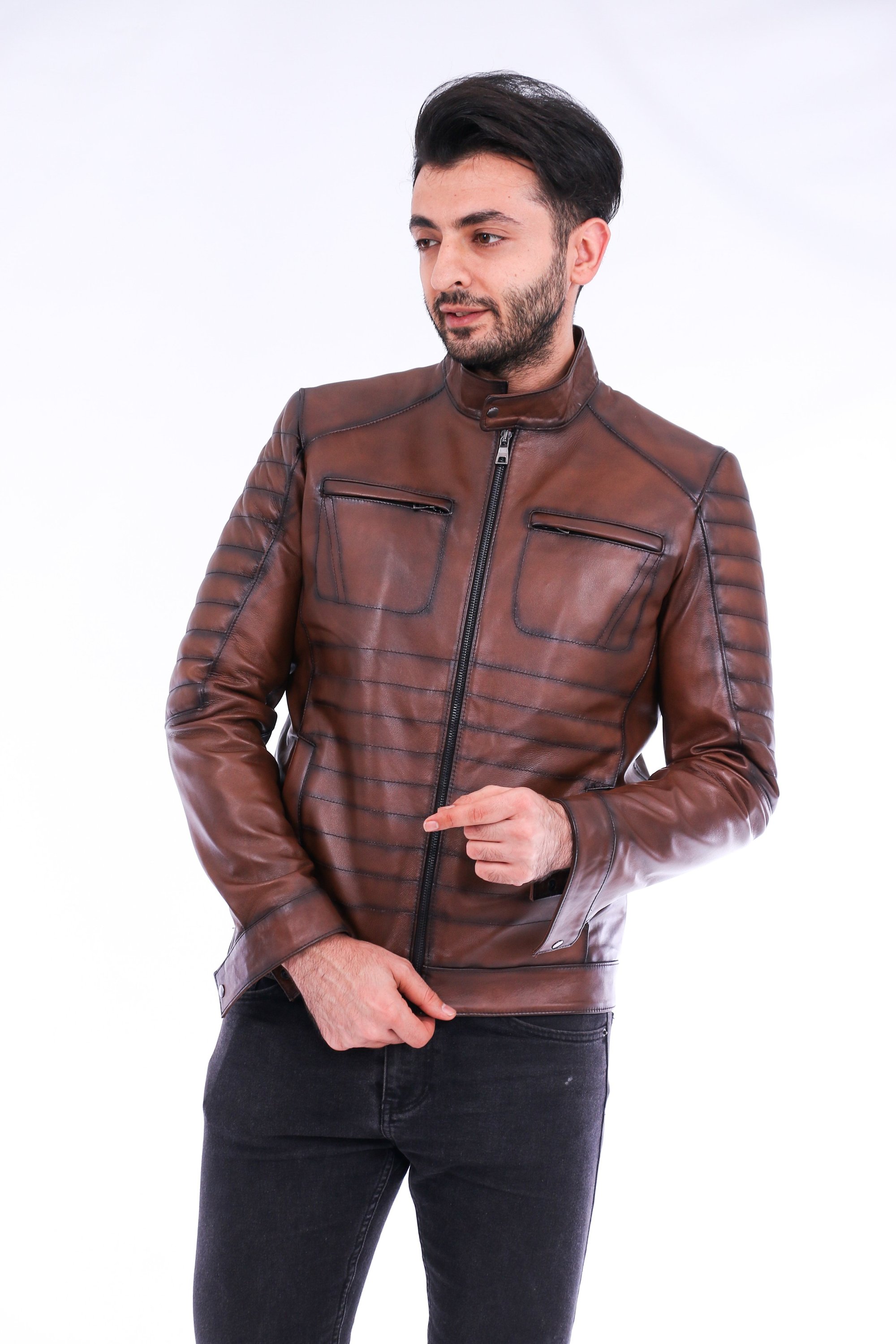 Daniel Biker Leather Jacket made from genuine lambskin, featuring a sleek design with a band collar and zipper closure in rich brown color.