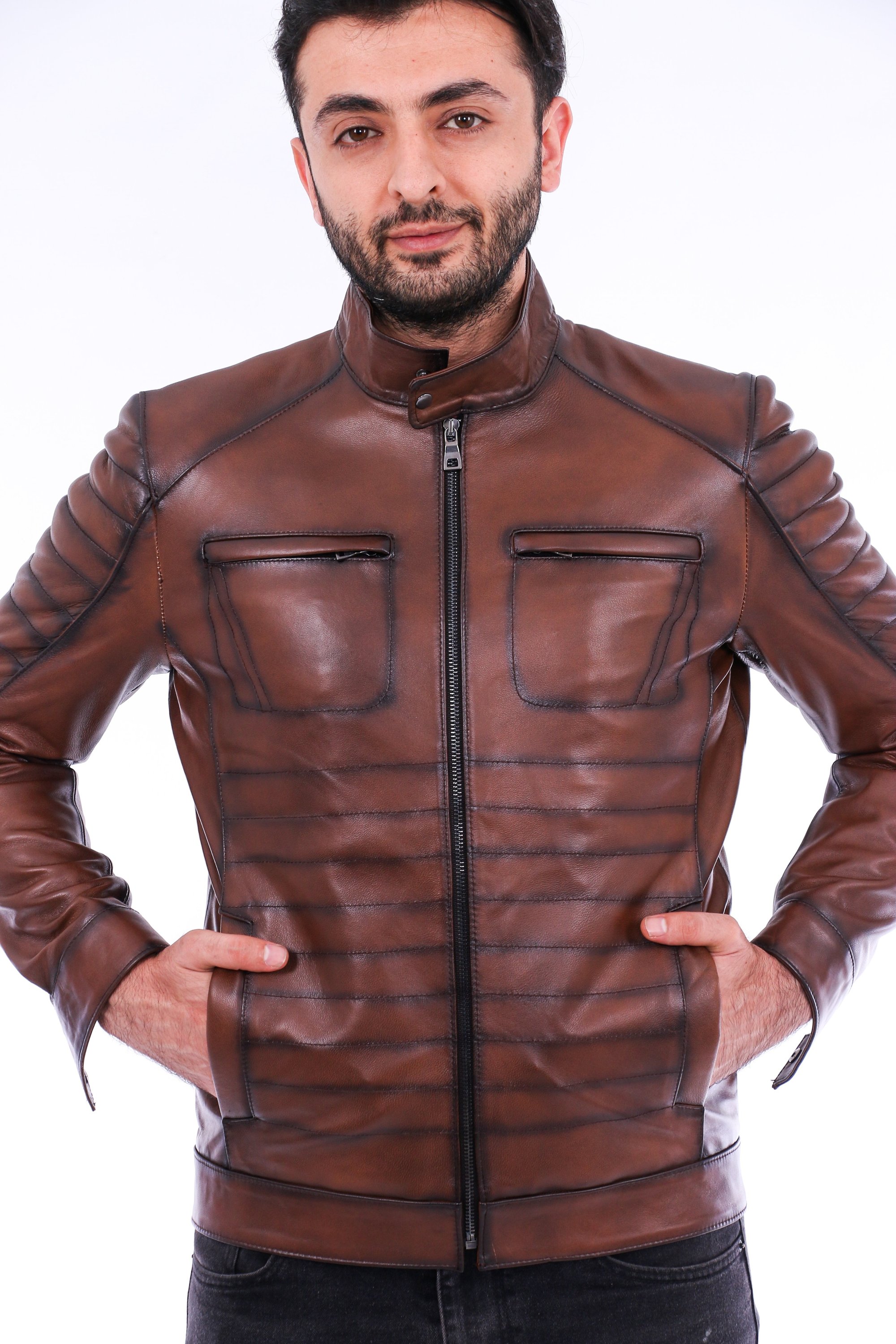 Daniel Biker Leather Jacket made from genuine lambskin, featuring a sleek design with a band collar and zipper closure in rich brown color.