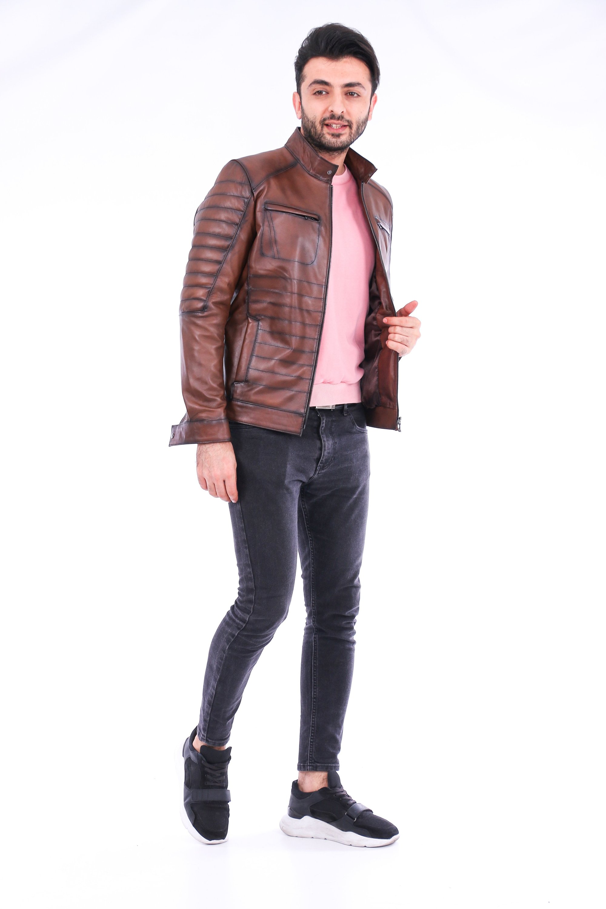 Daniel Biker Leather Jacket made from genuine lambskin, featuring a sleek design with a band collar and zipper closure in rich brown color.