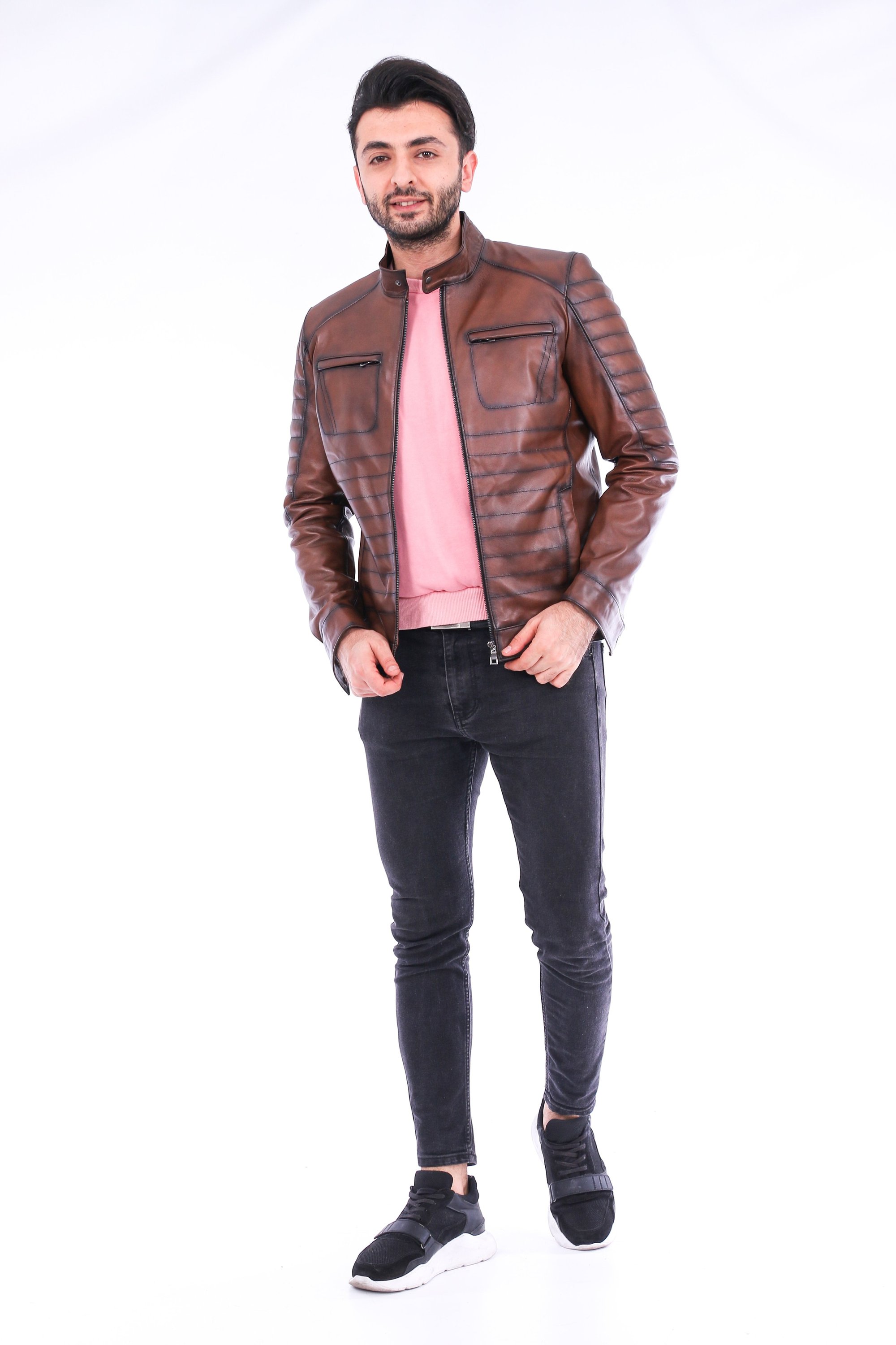 Daniel Biker Leather Jacket made from genuine lambskin, featuring a sleek design with a band collar and zipper closure in rich brown color.