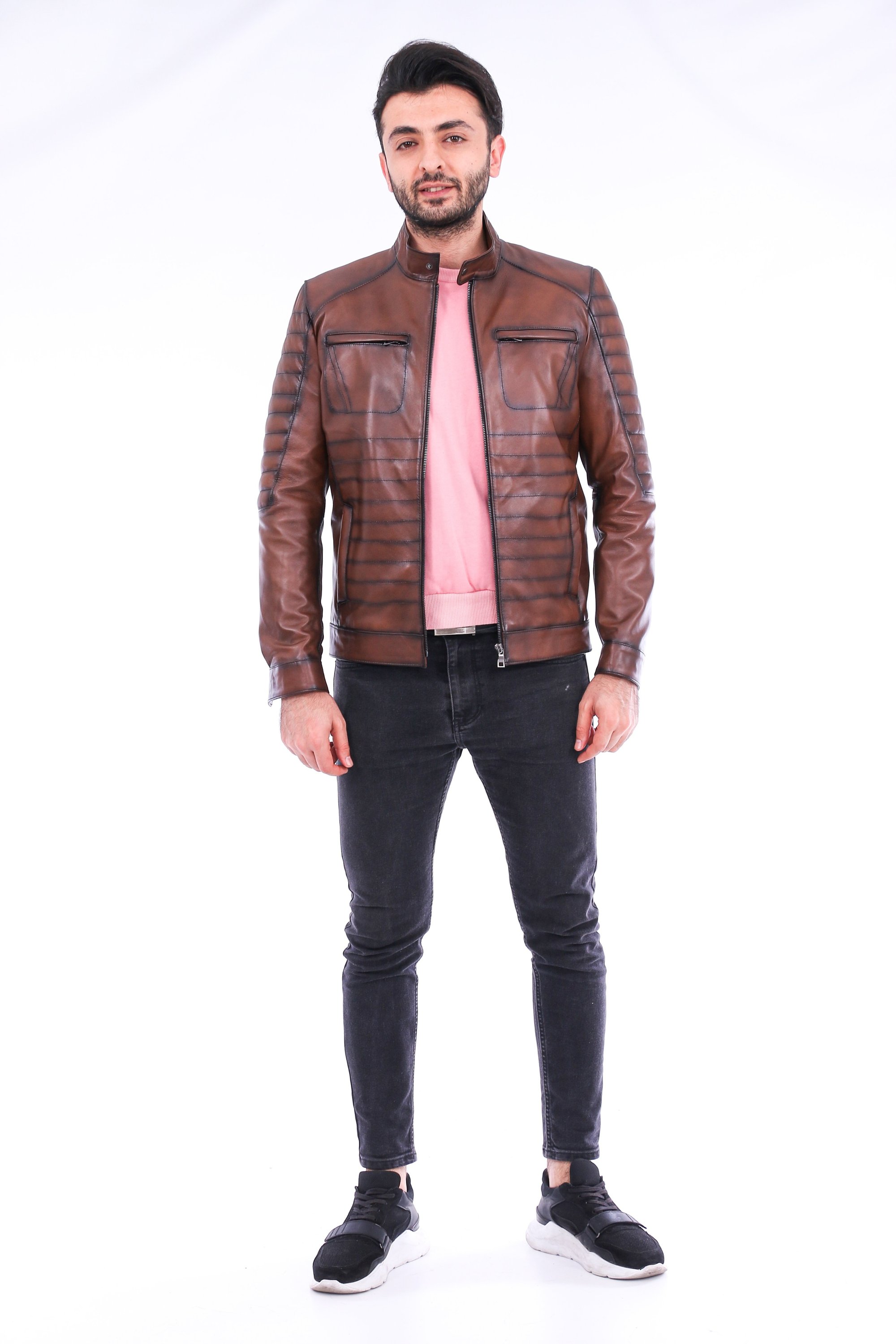 Daniel Biker Leather Jacket made from genuine lambskin, featuring a sleek design with a band collar and zipper closure in rich brown color.