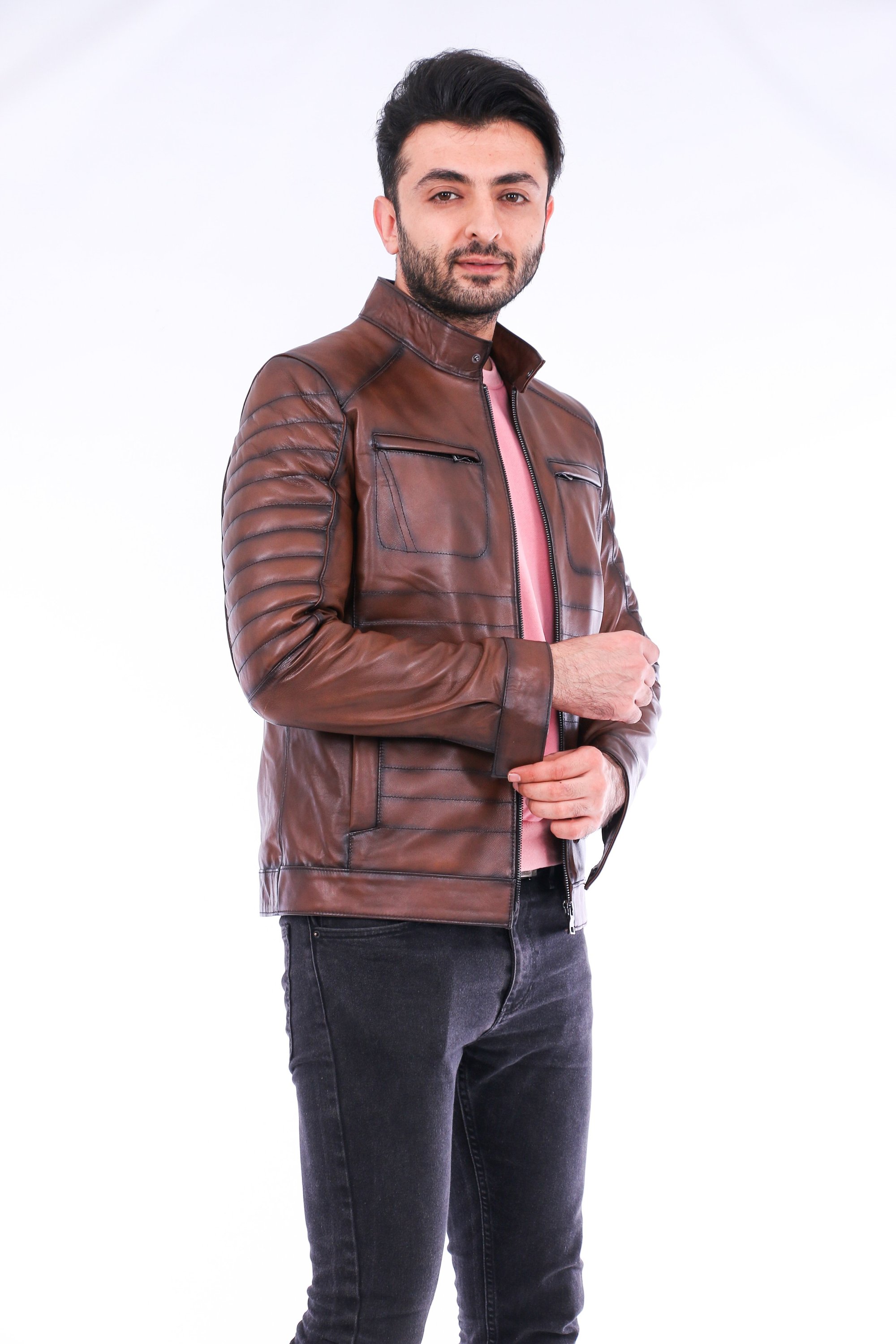 Daniel Biker Leather Jacket made from genuine lambskin, featuring a sleek design with a band collar and zipper closure in rich brown color.