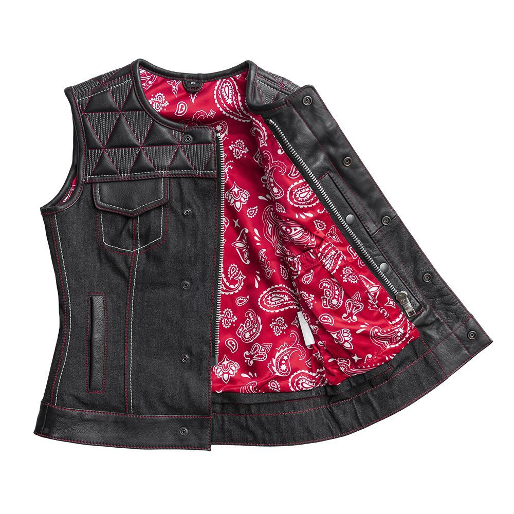 Delta Women's Club Style Motorcycle Vest featuring leather and denim with red and white stitching, designed for style and functionality.