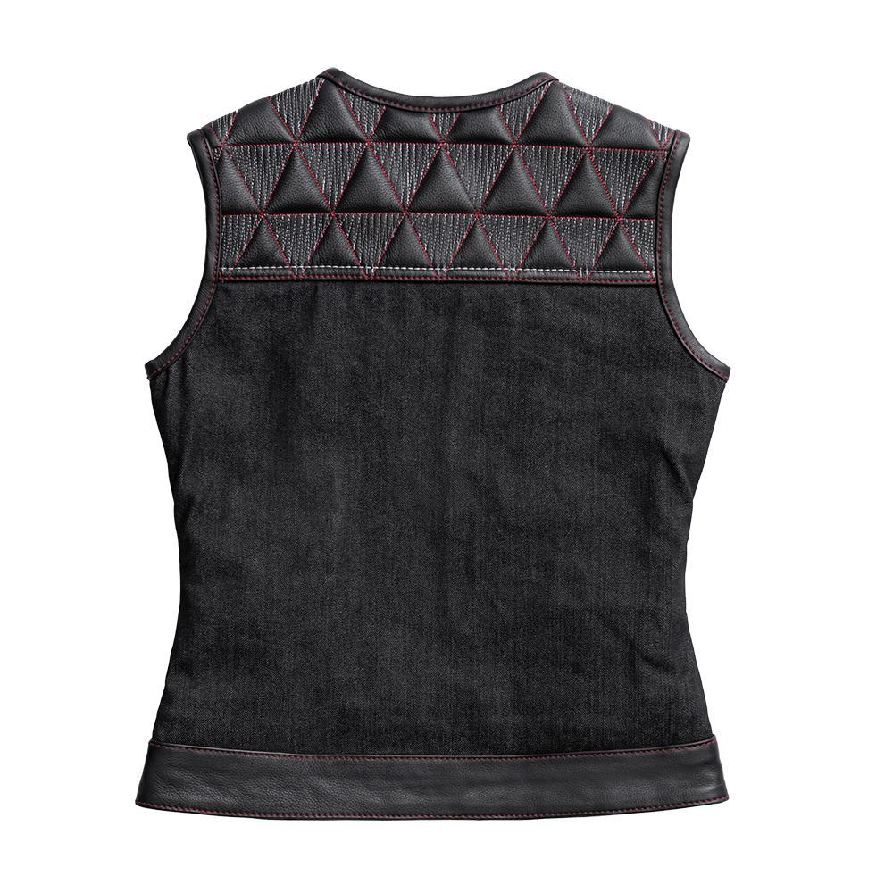 Delta Women's Club Style Motorcycle Vest featuring leather and denim with red and white stitching, designed for style and functionality.