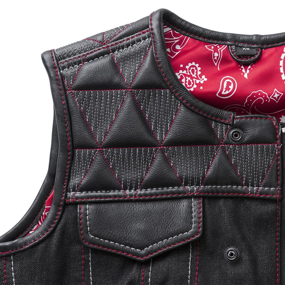 Delta Women's Club Style Motorcycle Vest featuring leather and denim with red and white stitching, designed for style and functionality.