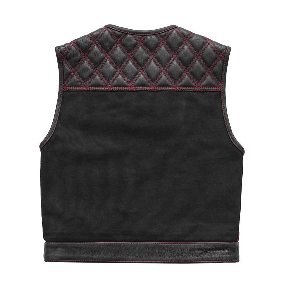 Demon men's club style motorcycle vest featuring a roll-up collar, red stitching, and quilted texture, perfect for riders.