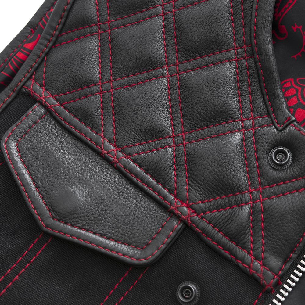 Demon men's club style motorcycle vest featuring a roll-up collar, red stitching, and quilted texture, perfect for riders.