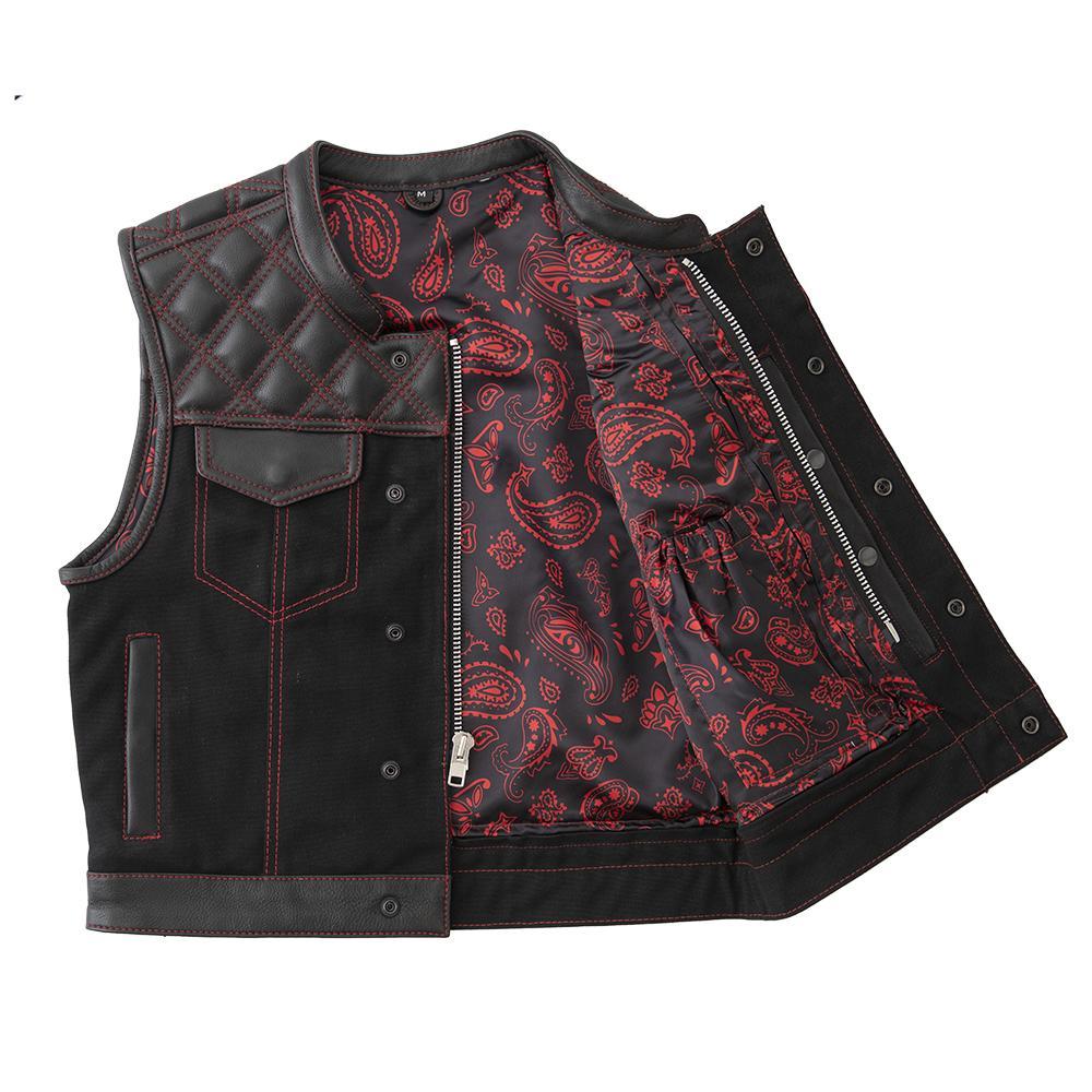 Demon jacket featuring quilted texture, red stitching, and roll-up collar, showcasing its stylish design and conceal carry pockets.