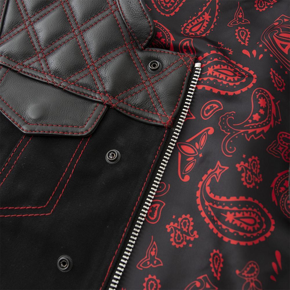 Demon jacket featuring quilted texture, red stitching, and roll-up collar, showcasing its stylish design and conceal carry pockets.