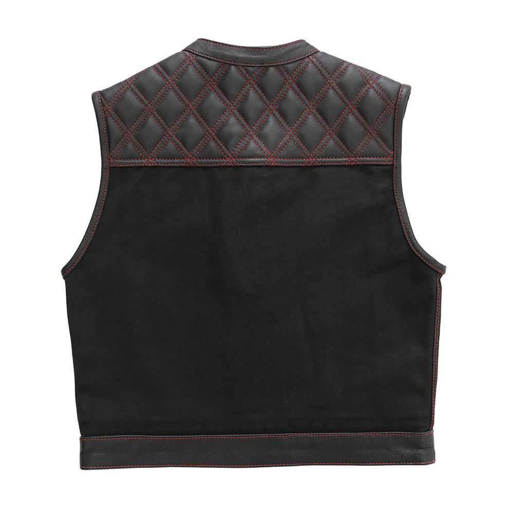 Demon vest featuring quilted double diamond texture, red stitching, and conceal carry pockets.