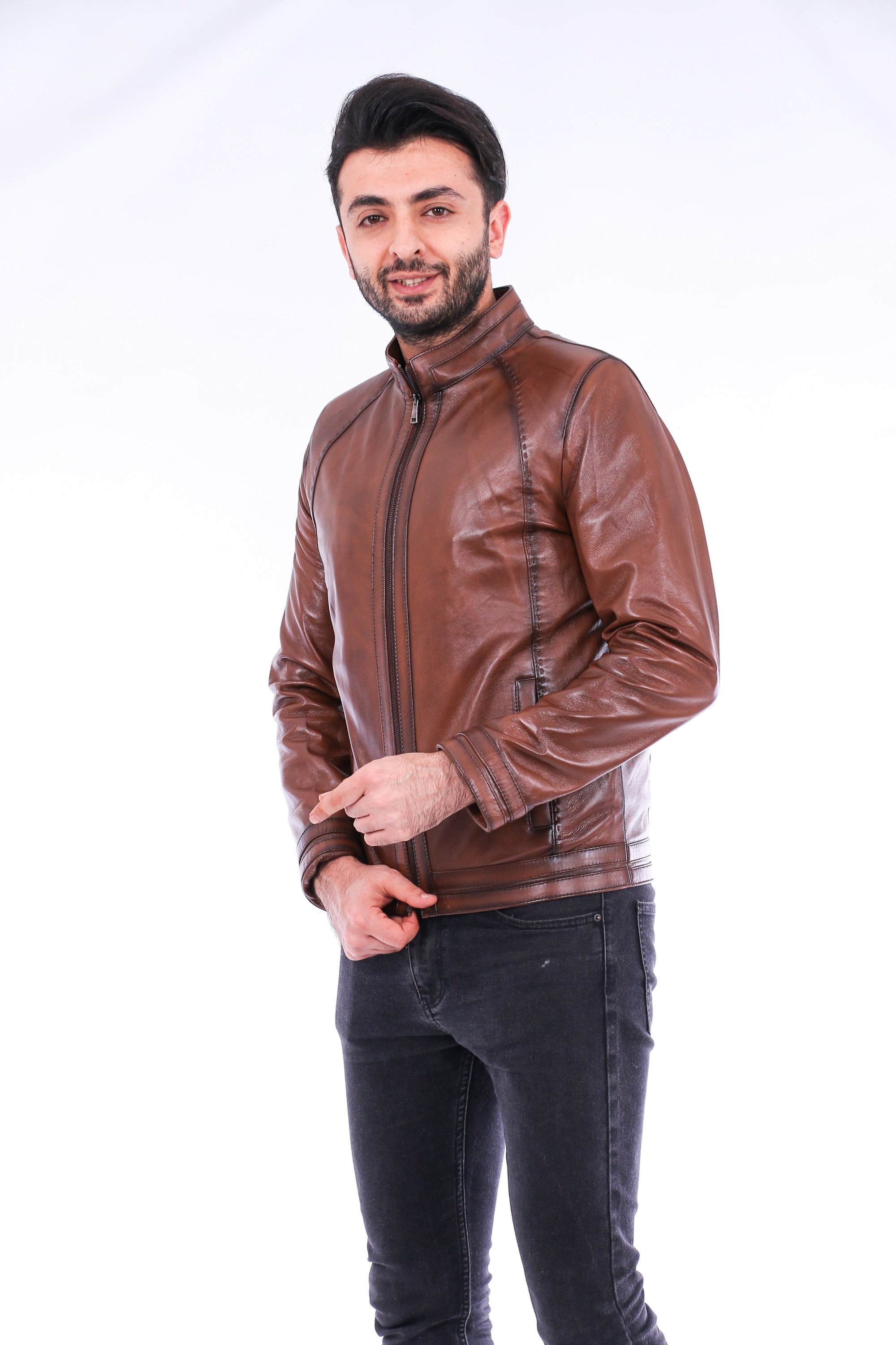 Dolcedo Biker Jacket made from genuine lambskin, featuring polished silver-tone hardware and a modern fit.