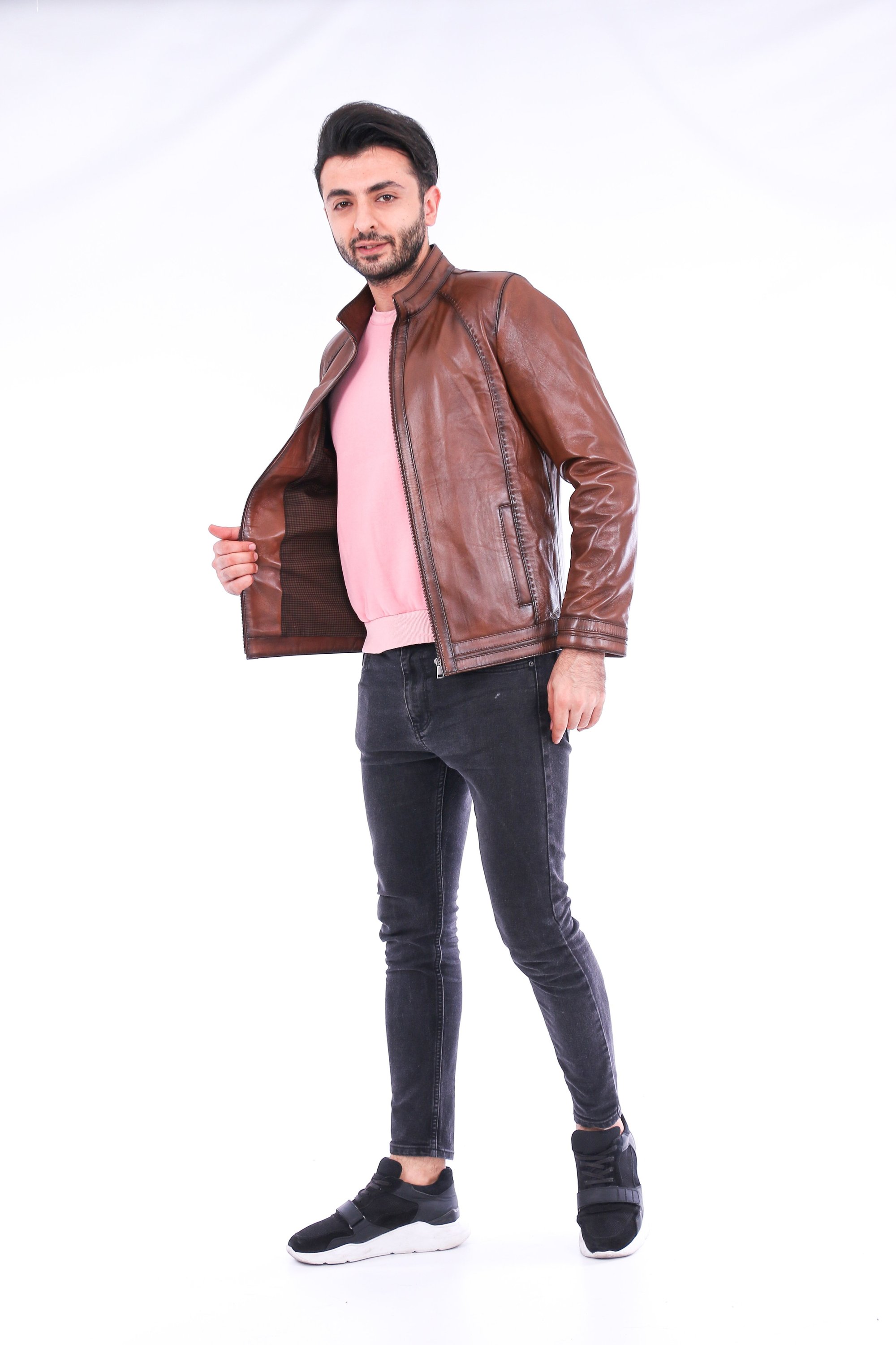 Dolcedo Biker Jacket made from genuine lambskin, featuring polished silver-tone hardware and a modern fit.