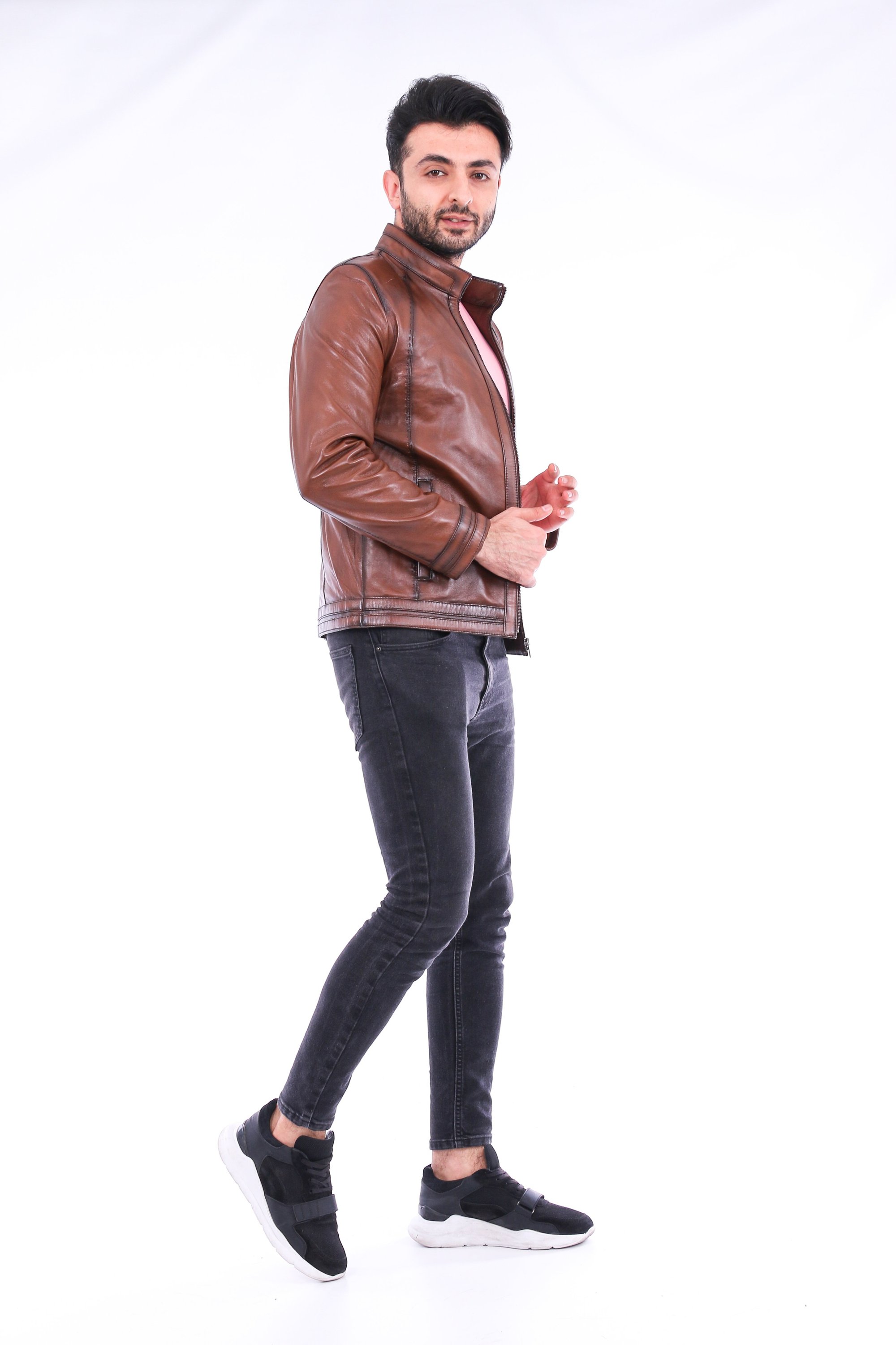 Dolcedo Biker Jacket made from genuine lambskin, featuring polished silver-tone hardware and a modern fit.