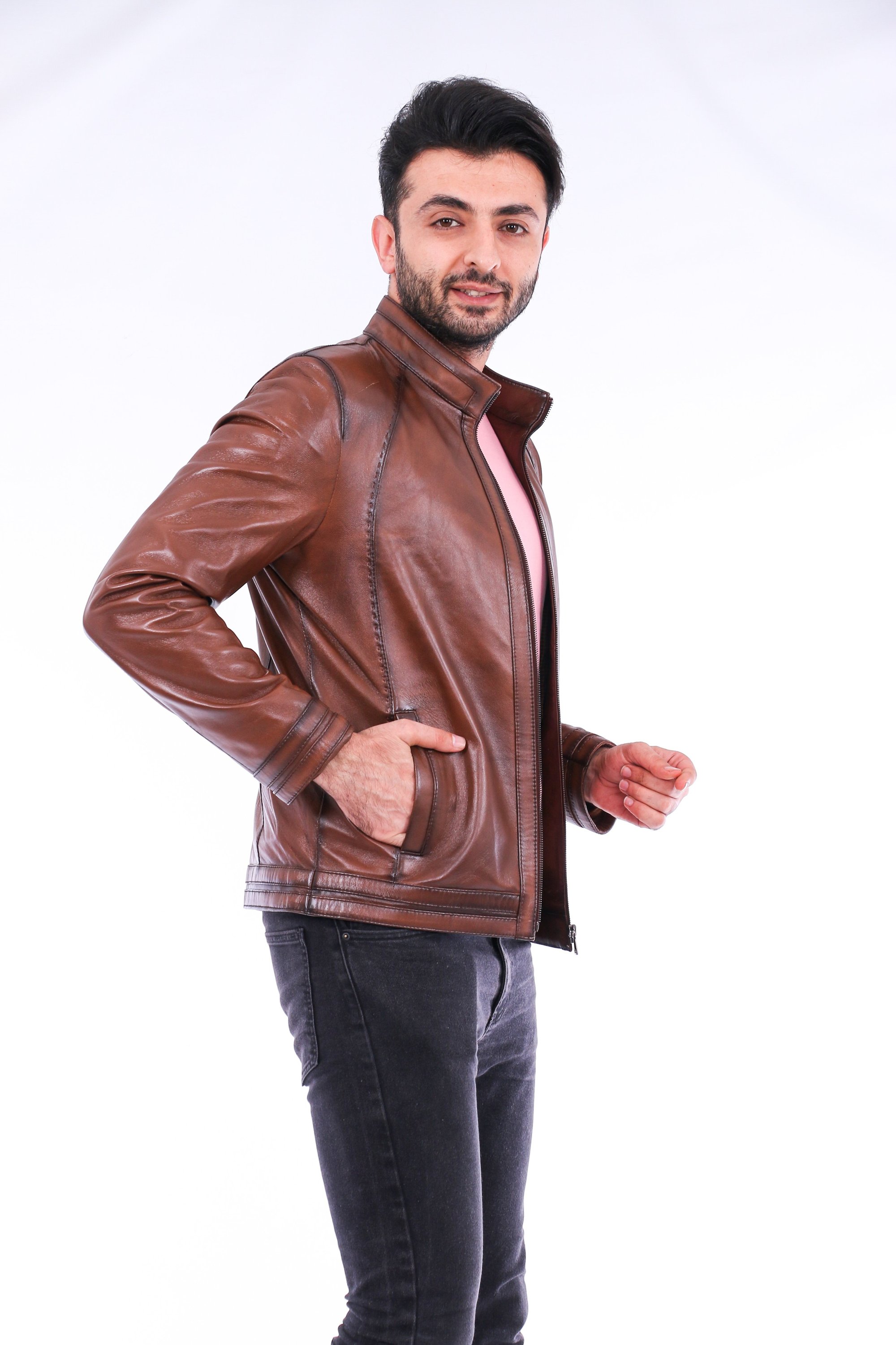 Dolcedo Biker Jacket made from genuine lambskin, featuring polished silver-tone hardware and a modern fit.