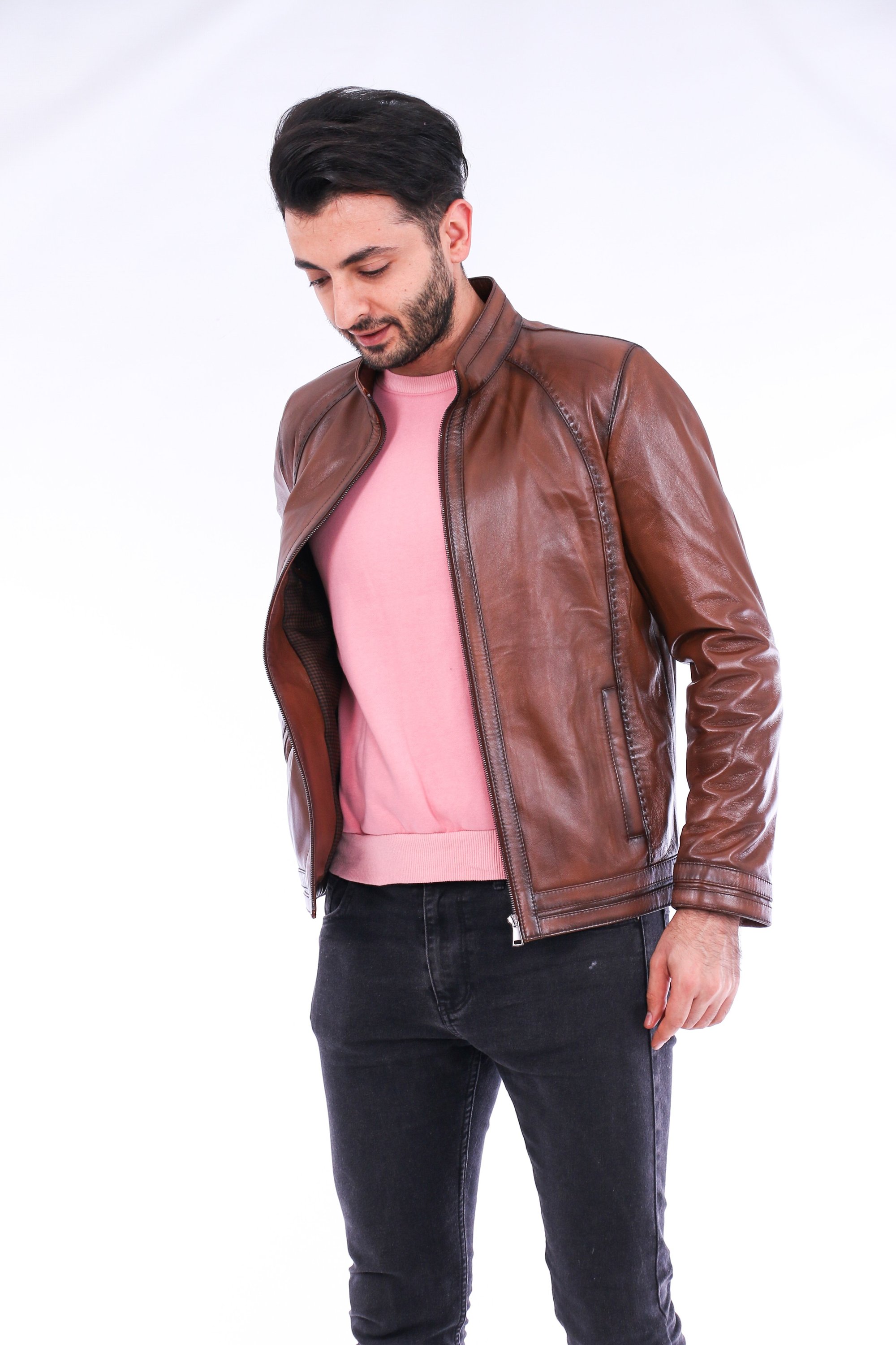 Dolcedo Biker Jacket made from genuine lambskin, featuring polished silver-tone hardware and a modern fit.