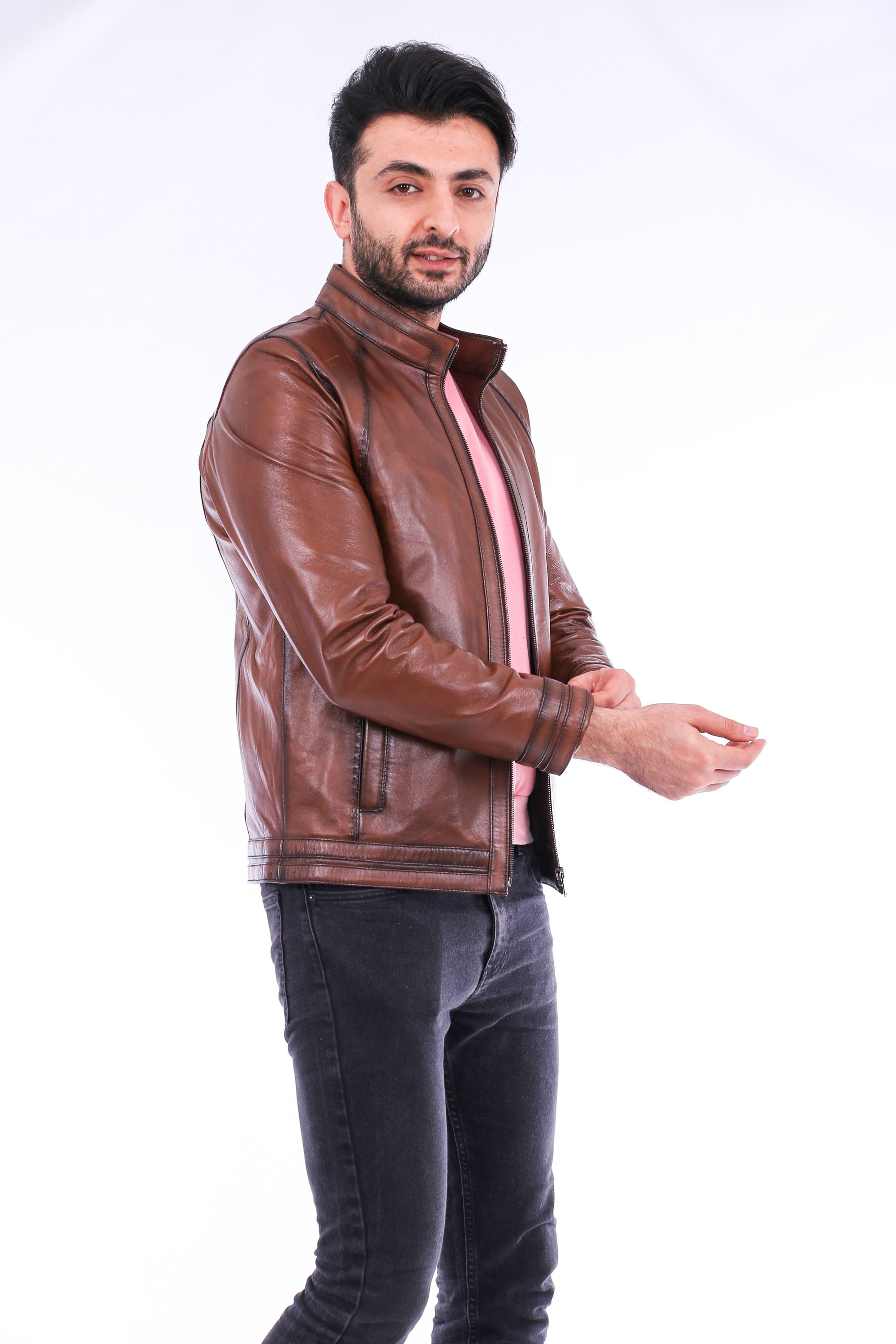 Dolcedo Biker Jacket made from genuine lambskin, featuring polished silver-tone hardware and a modern fit.