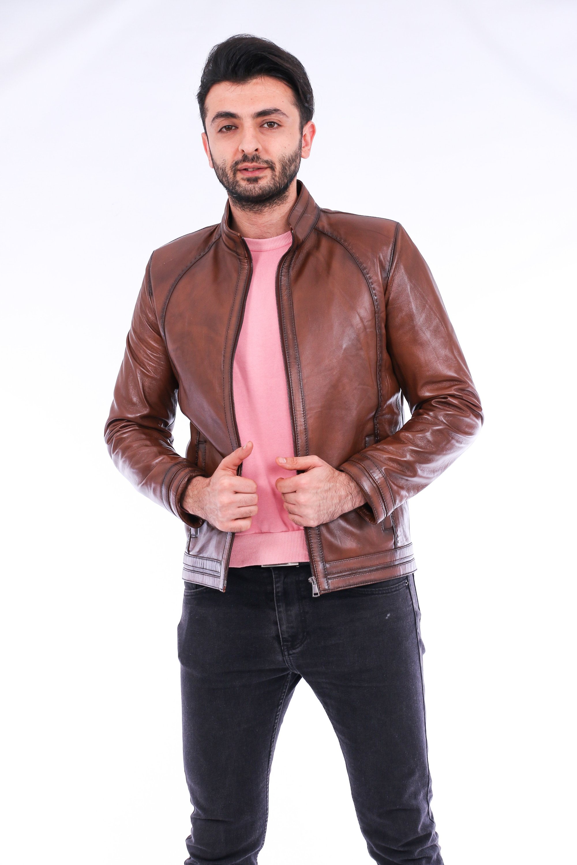 Dolcedo Biker Jacket made from genuine lambskin, featuring polished silver-tone hardware and a modern fit.