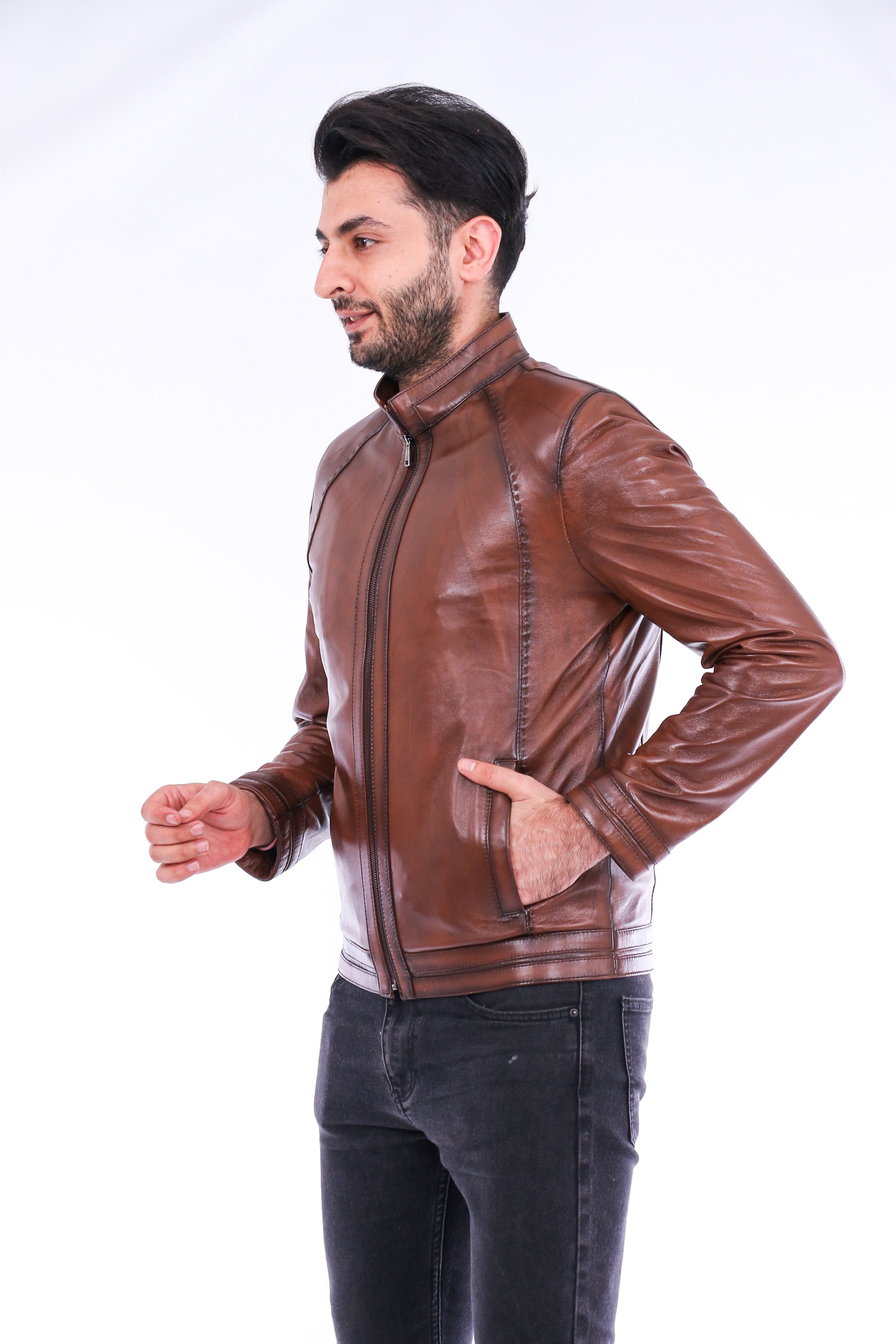 Dolcedo Biker Jacket made from genuine lambskin, featuring polished silver-tone hardware and a modern fit.