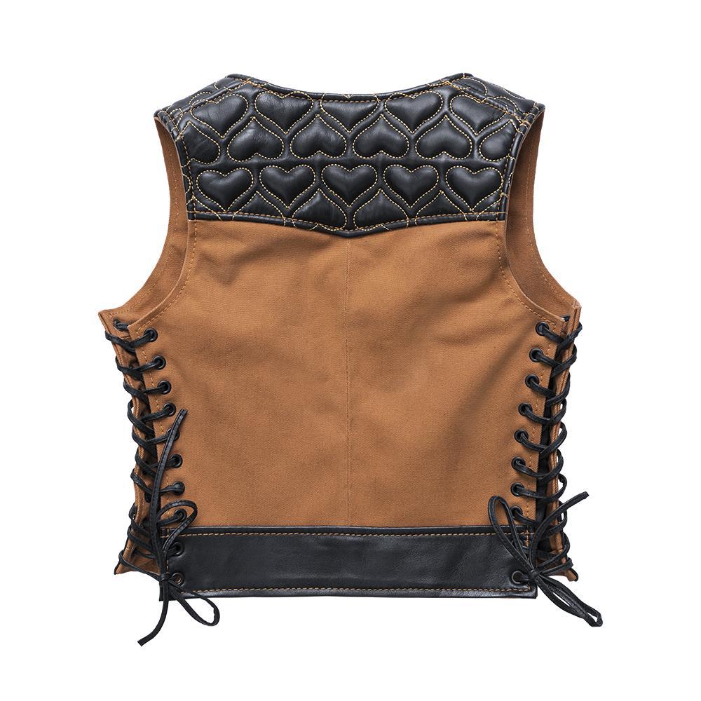 Dolly Women's Club Style Motorcycle Vest featuring leather and canvas materials with heart quilting and zippered pockets.