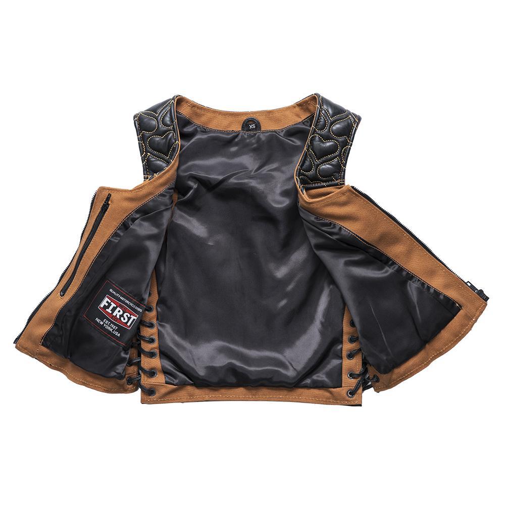 Dolly Women's Club Style Motorcycle Vest featuring leather and canvas materials with heart quilting and zippered pockets.