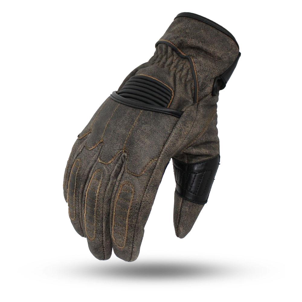 Donner Men's Motorcycle Leather Gloves featuring distressed leather, knuckle padding, and Velcro closure.