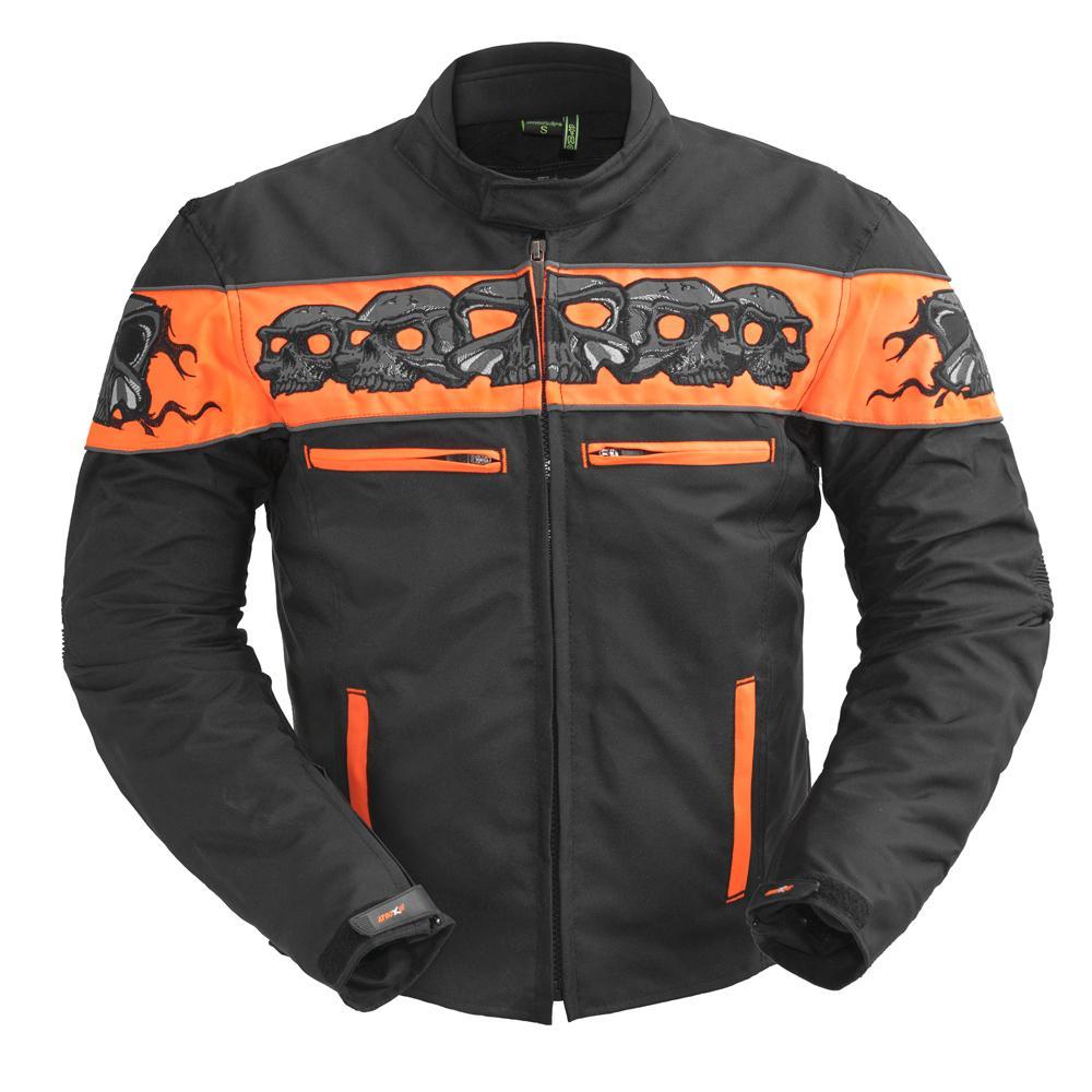 Dragon Skull Men's Cordura Motorcycle Jacket featuring reflective skull design, zippered pockets, and ventilation features.