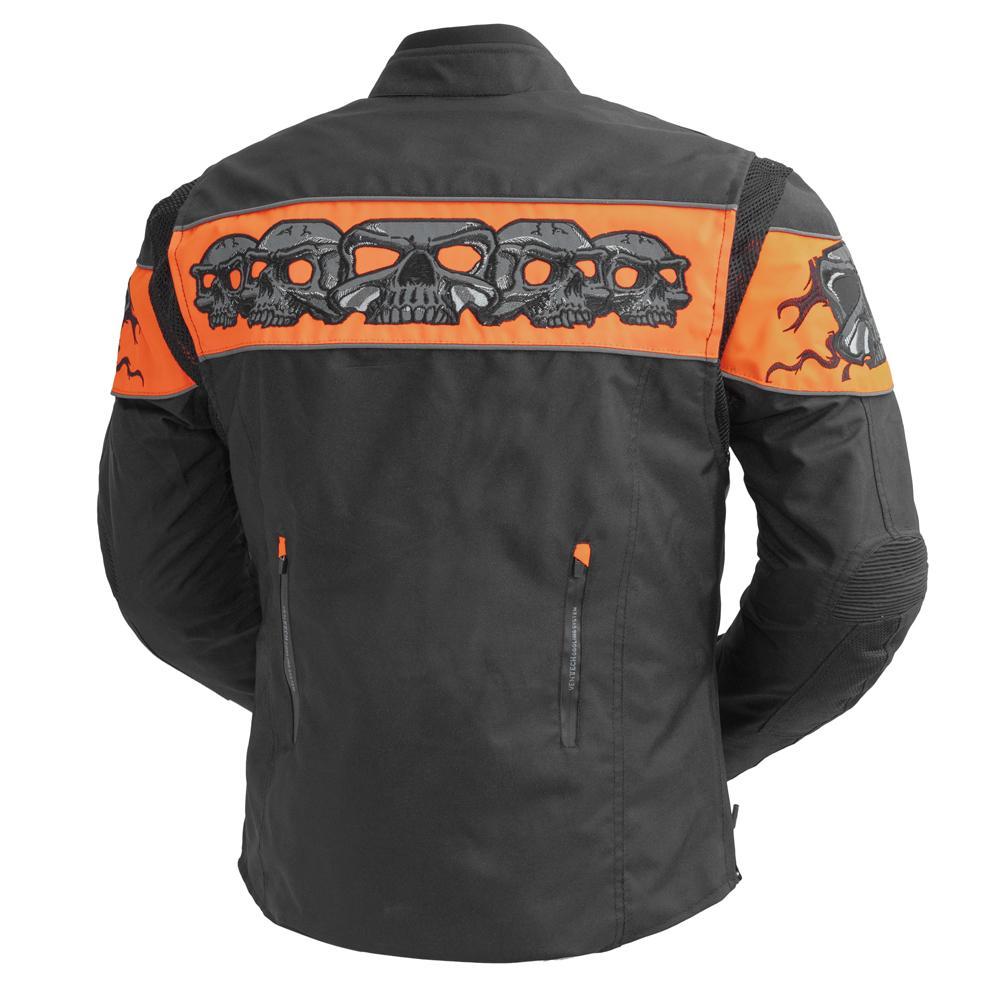 Dragon Skull Men's Cordura Motorcycle Jacket featuring reflective skull design, zippered pockets, and ventilation features.