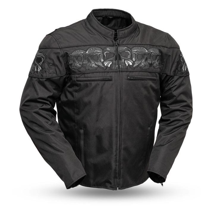 Dragon Skull Men's Cordura Motorcycle Jacket featuring reflective skull design, zippered pockets, and ventilation features.