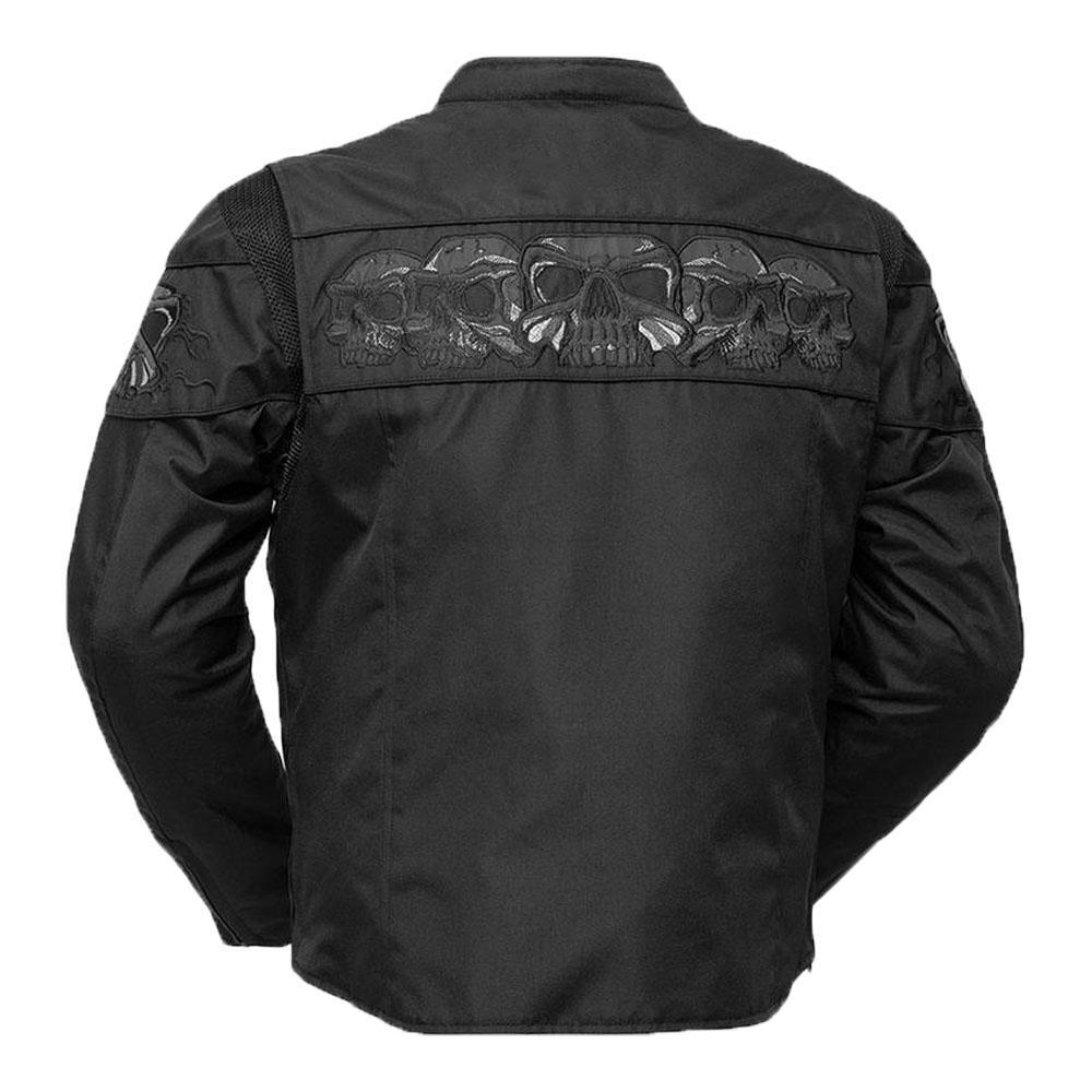 Dragon Skull Men's Cordura Motorcycle Jacket featuring reflective skull design, zippered pockets, and ventilation features.