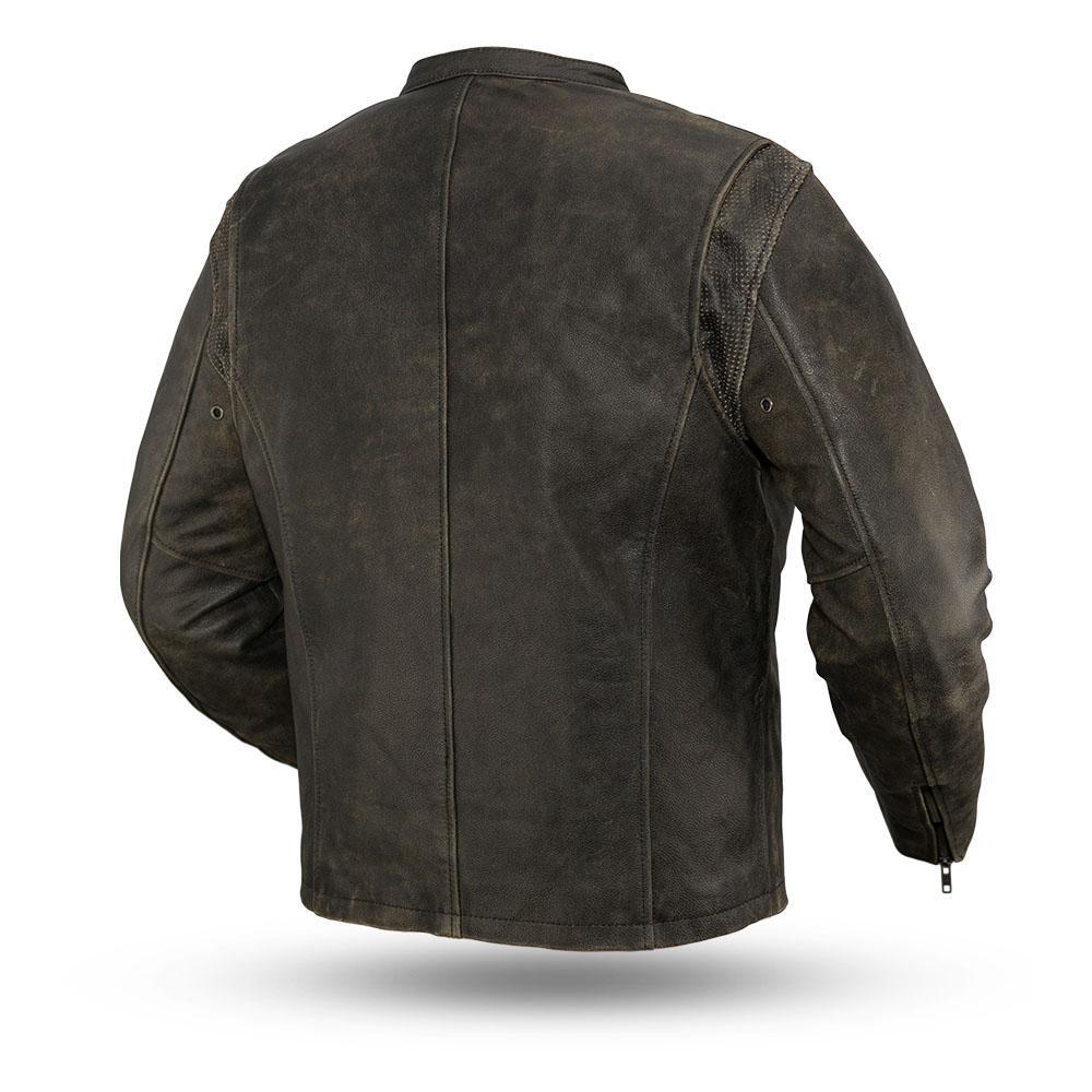 Drifter Men's Motorcycle Jacket made from vintage distressed cowhide leather, featuring a banded collar and multiple zippered pockets.