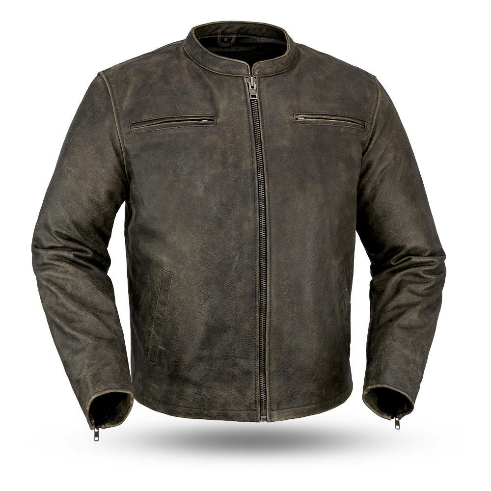 Drifter Men's Motorcycle Jacket made from vintage distressed cowhide leather, featuring a banded collar and multiple zippered pockets.