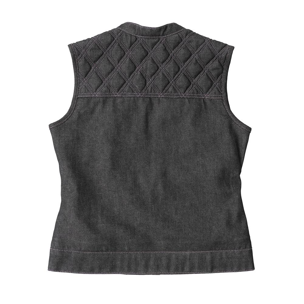 Eclipse Women's Club Style Denim Vest featuring purple stitching and paisley inner liner.