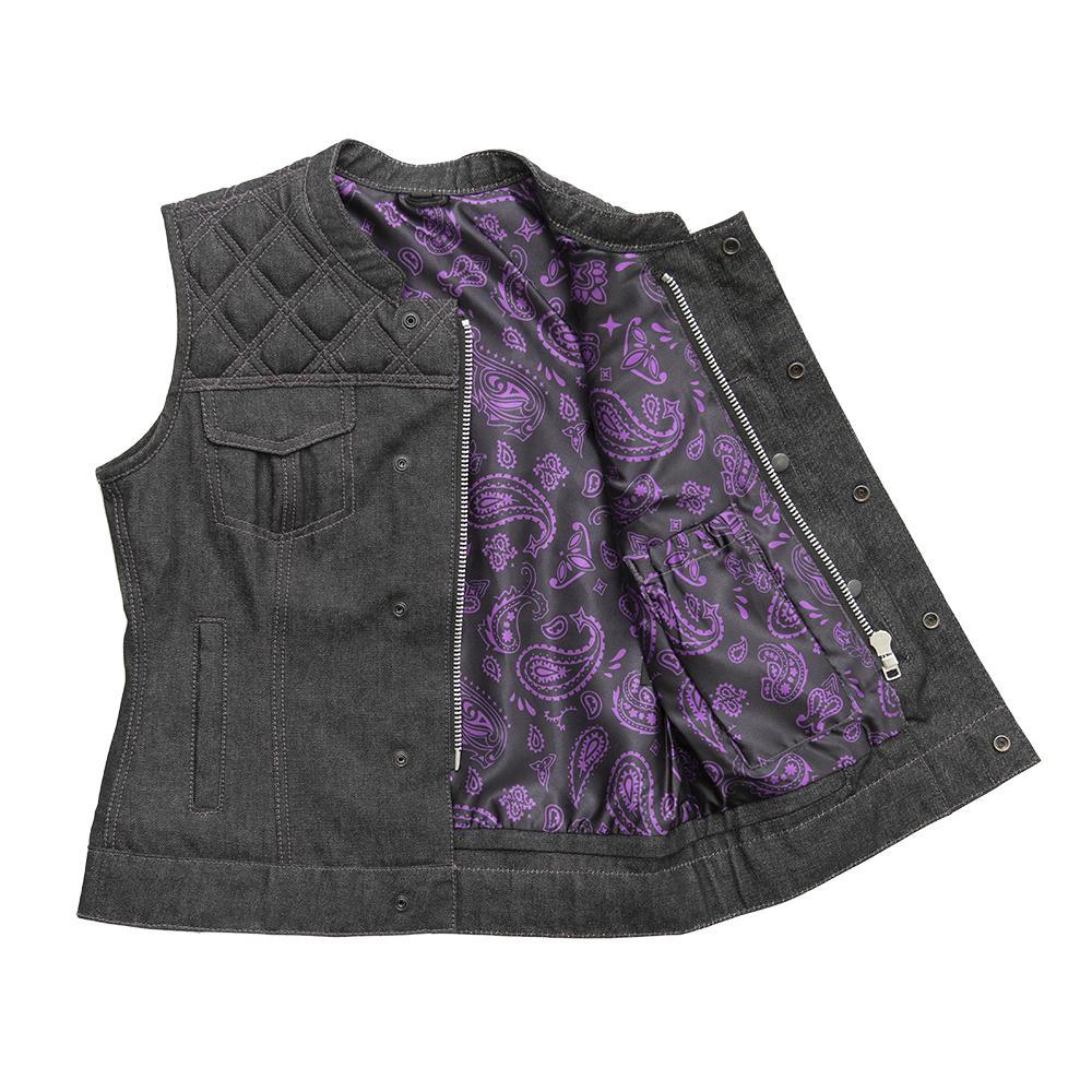 Eclipse Women's Club Style Denim Vest featuring purple stitching and paisley inner liner.