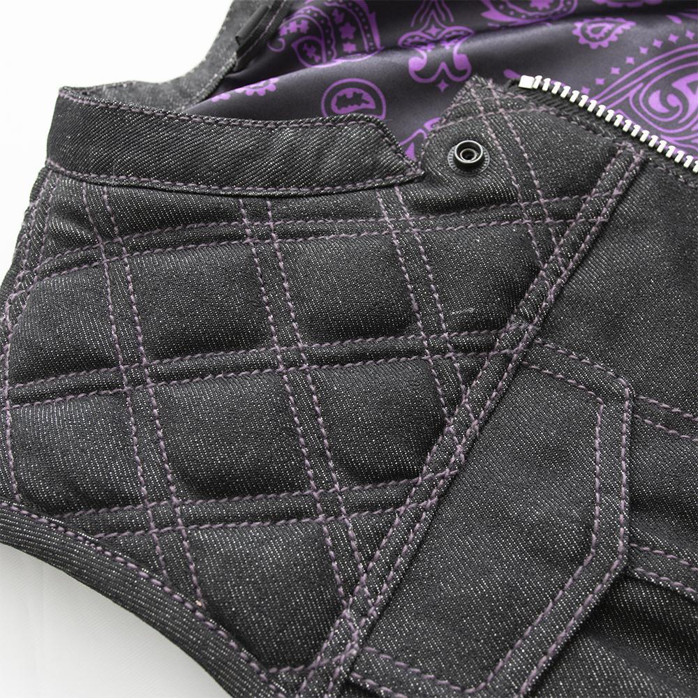 Eclipse Women's Club Style Denim Vest featuring purple stitching and paisley inner liner.