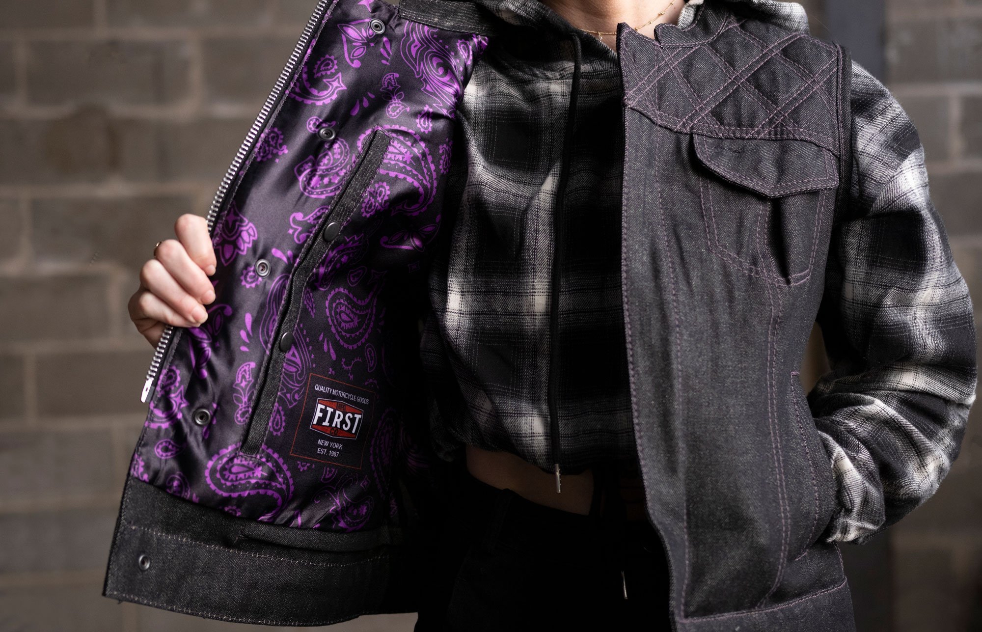 Eclipse Women's Club Style Denim Vest featuring purple stitching and paisley inner liner.