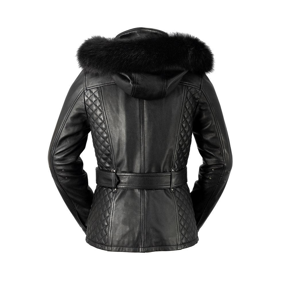 Elle Women's Leather Jacket featuring a diamond quilted design and luxurious fox fur collar in oxblood color.