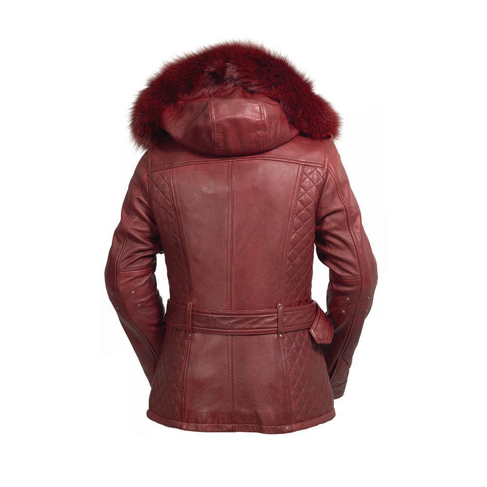 Elle Women's Leather Jacket featuring a diamond quilted design and luxurious fox fur collar in oxblood color.