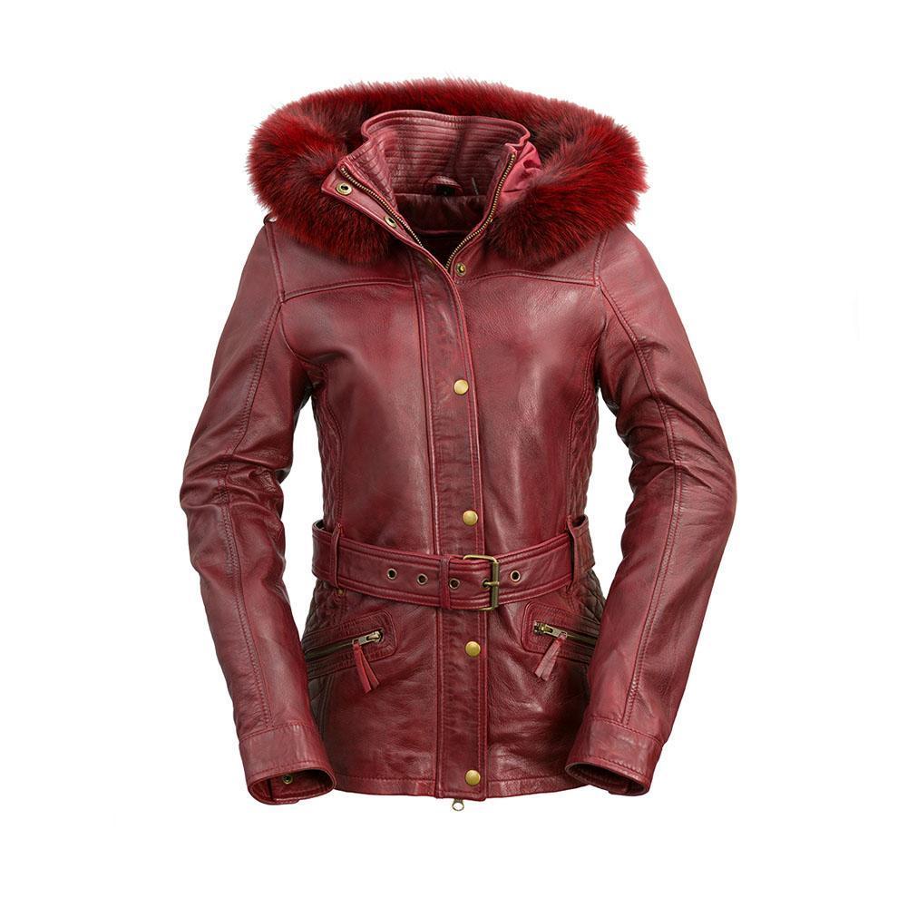 Elle Women's Leather Jacket featuring a diamond quilted design and luxurious fox fur collar in oxblood color.