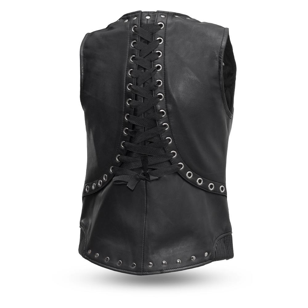 Empress jacket made of diamond sheepskin featuring rivet and corset back detailing, with two welt pockets and concealed carry pockets.