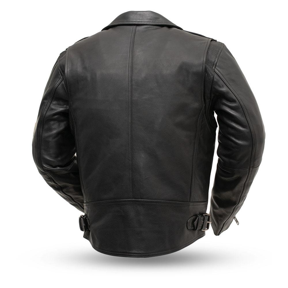 Enforcer Men's Motorcycle Leather Jacket in black leather with asymmetrical zipper and multiple pockets.