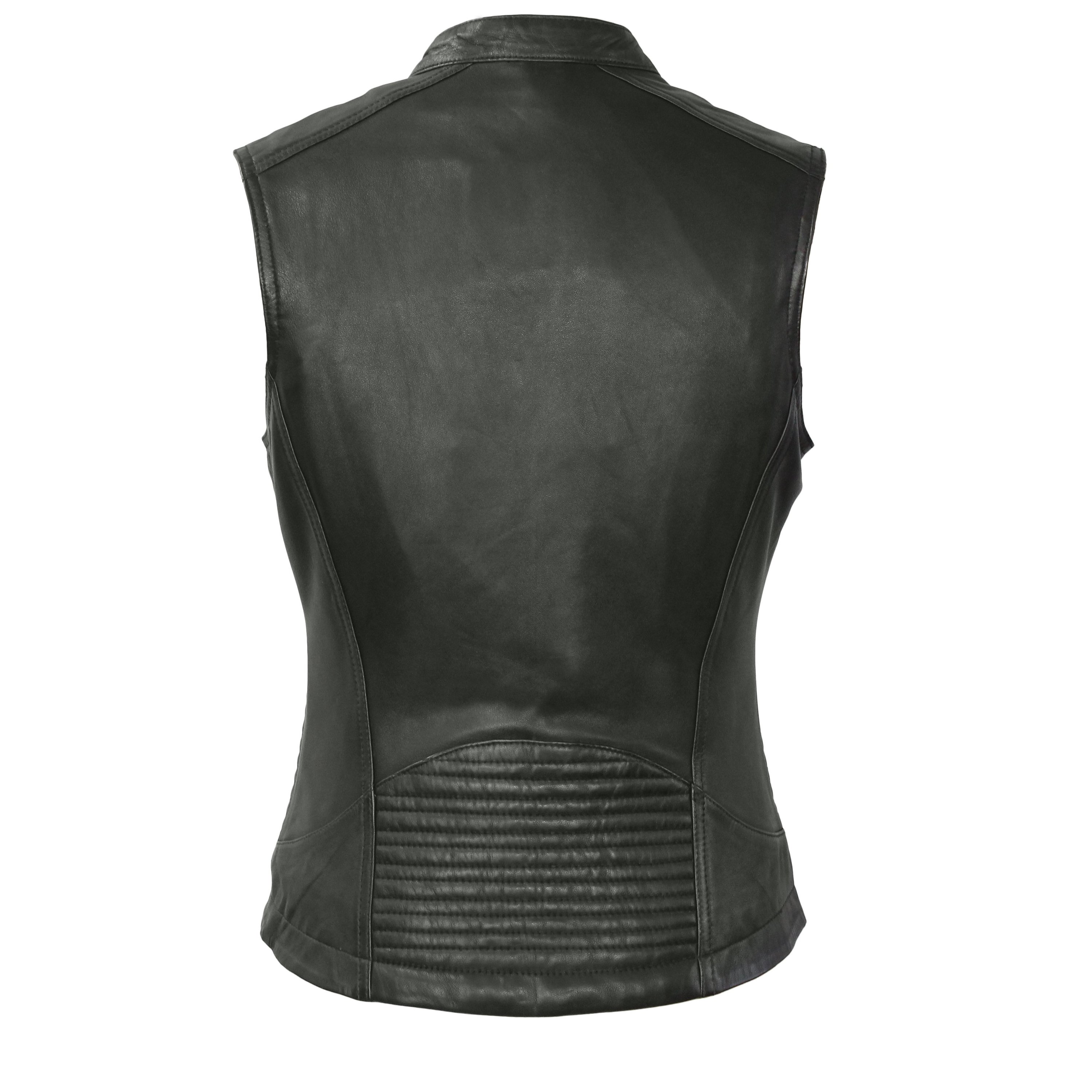 Envy Women's Motorcycle Leather Vest made from diamond sheepskin, featuring a mandarin collar and multiple pockets.