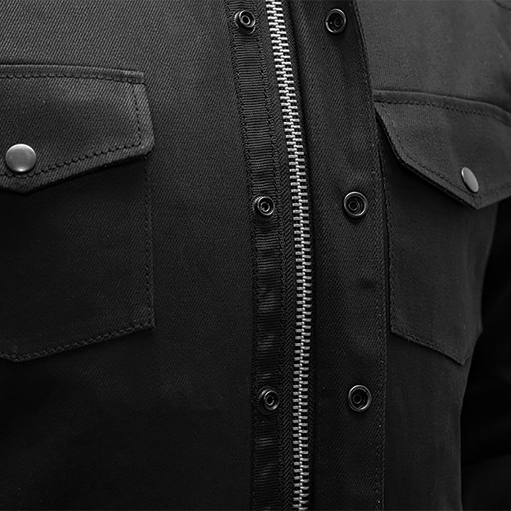 Equalizer Men's Motorcycle Denim Shirt in jet black, featuring snap collar, pockets, and Kevlar reinforcements.