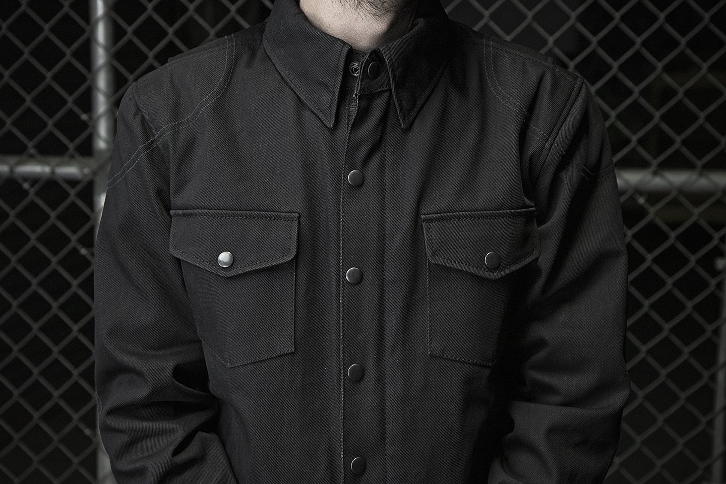 Equalizer Men's Motorcycle Denim Shirt in jet black, featuring snap collar, pockets, and Kevlar reinforcements.