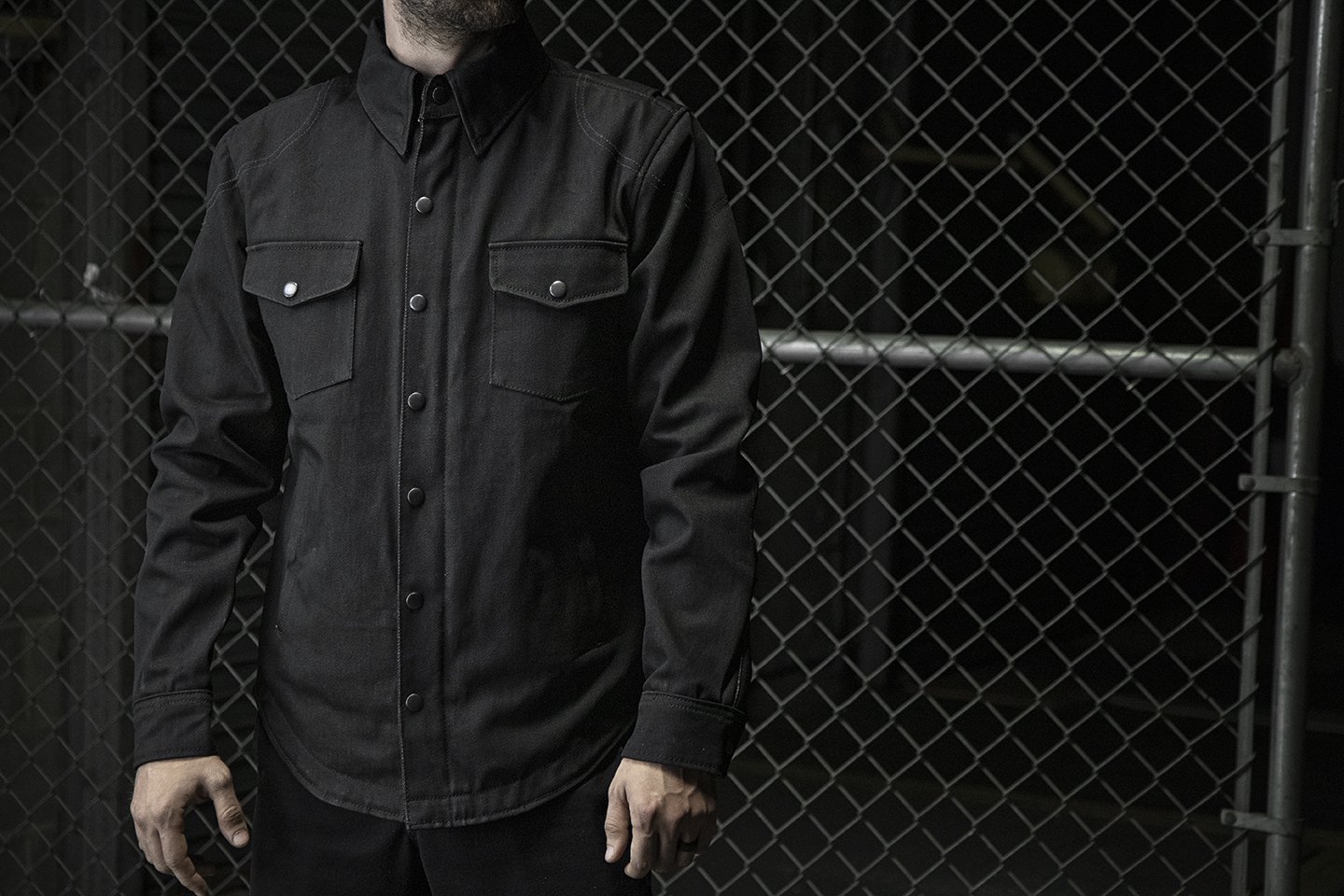 Equalizer Men's Motorcycle Denim Shirt in jet black, featuring snap collar, pockets, and Kevlar reinforcements.