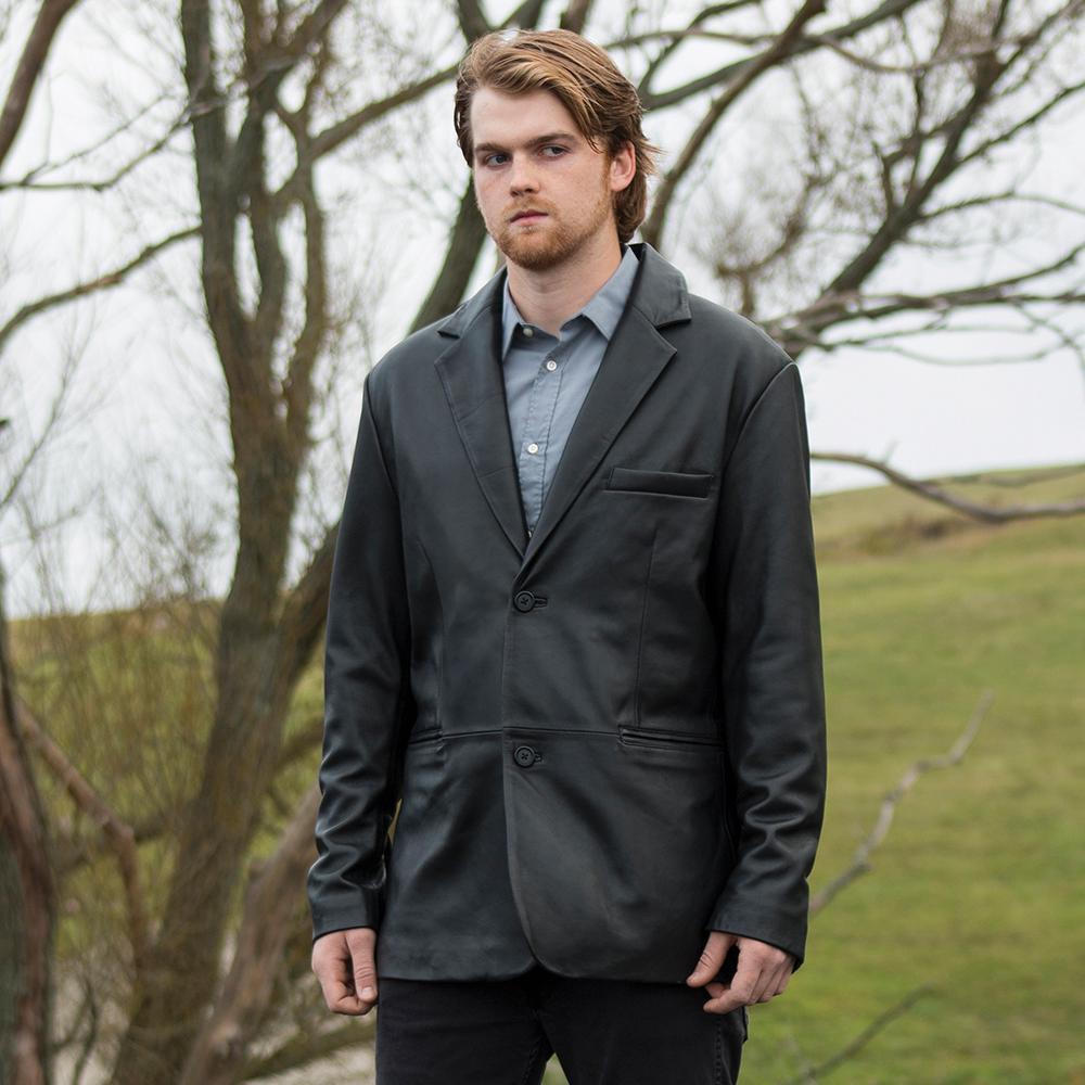 Esquire Men's Leather Jacket made from genuine sheepskin, featuring a slim fit, button cuffs, and multiple pockets.