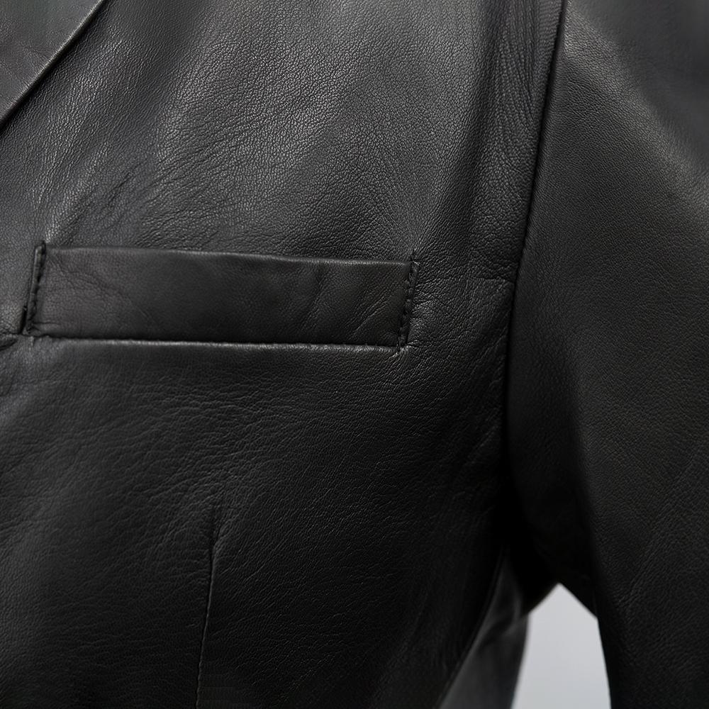 Esquire Men's Leather Jacket made from genuine sheepskin, featuring a slim fit, button cuffs, and multiple pockets.