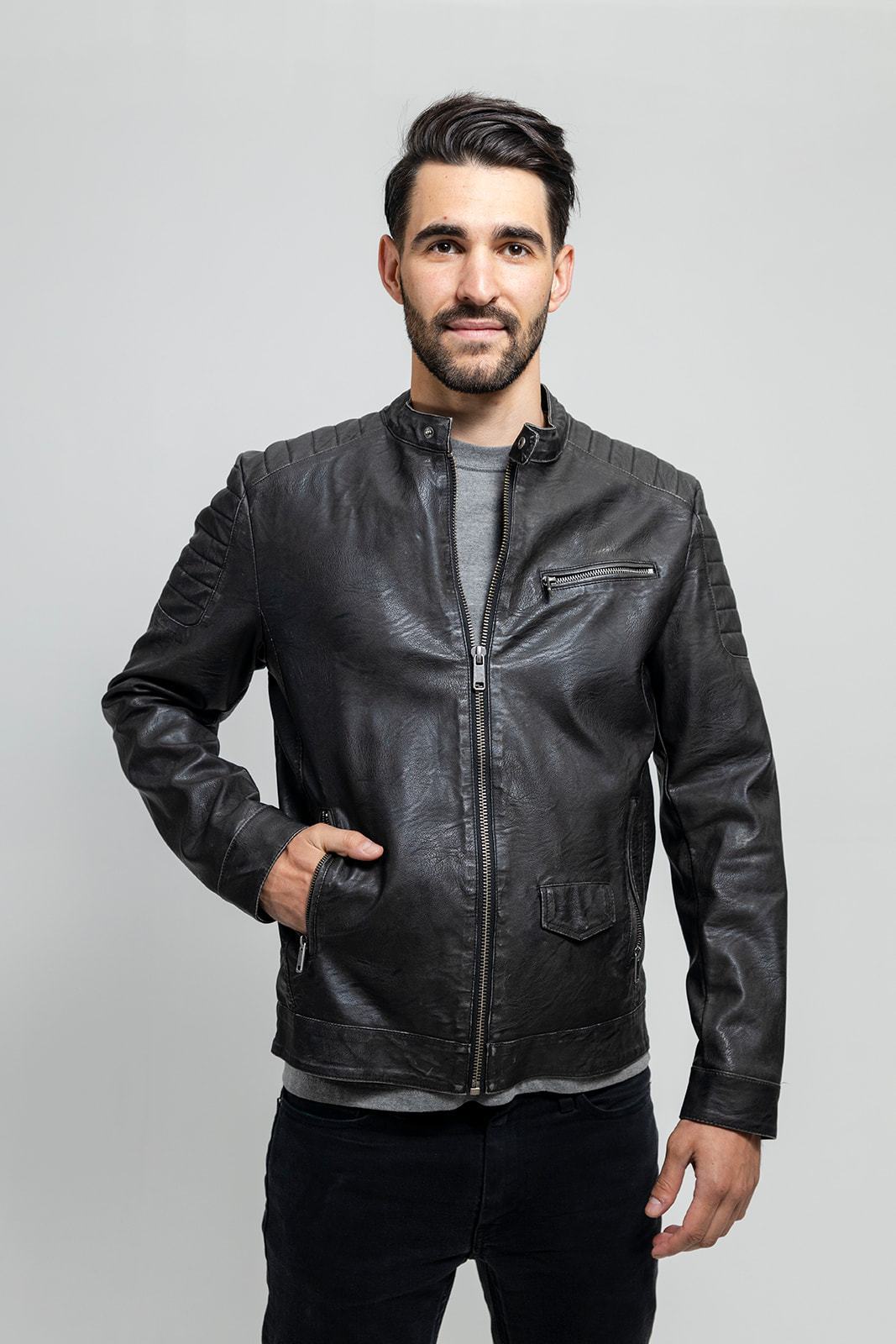 Ethan Men's Faux Leather Jacket in black, showcasing its stylish design and high-quality faux leather material.